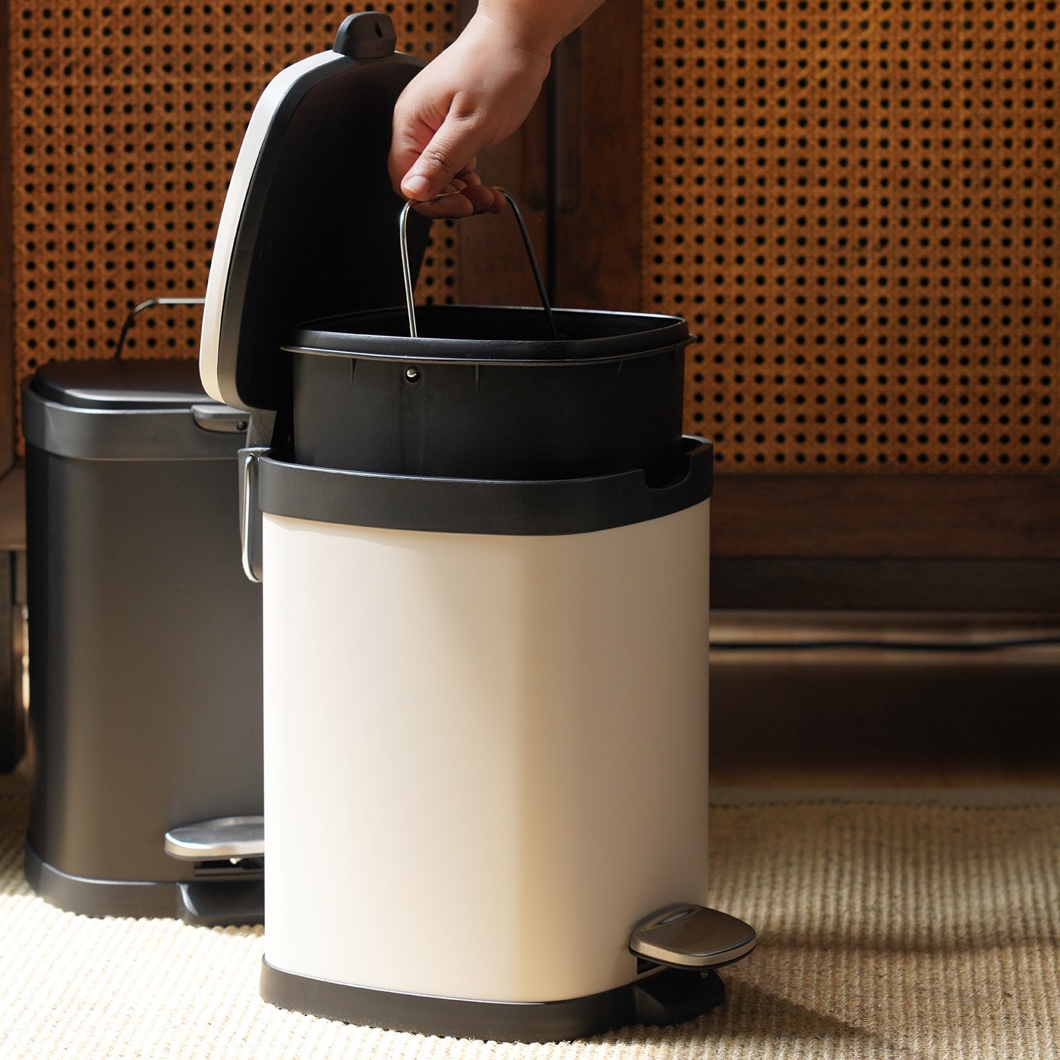 Black & White Steel Square Pedal Waste Bin with Lid