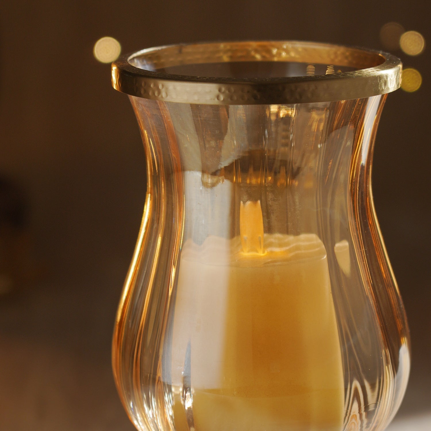 Amber Glass Hammered Hurricane Candle Holder with Stand