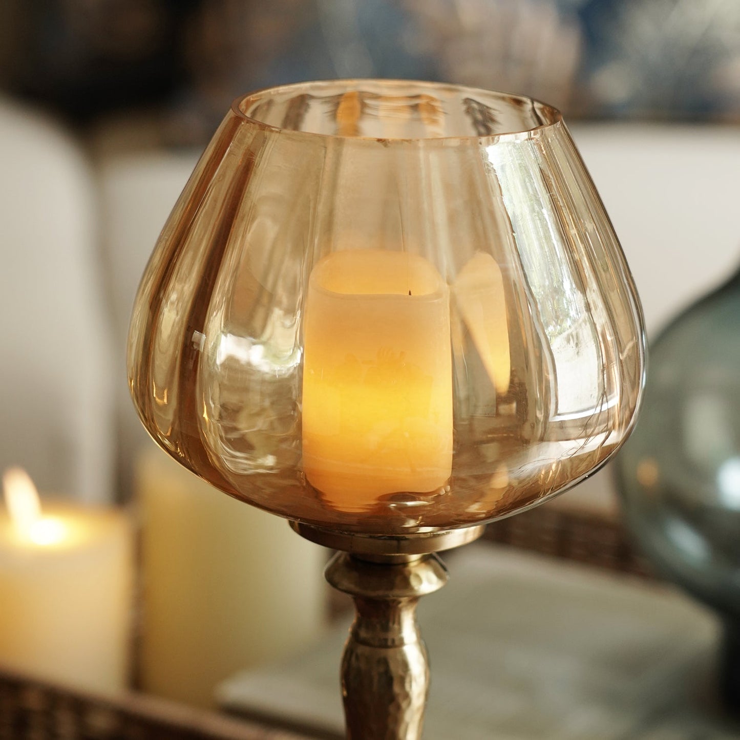 Amber Glass Hammered Stem Candle Holder - Small