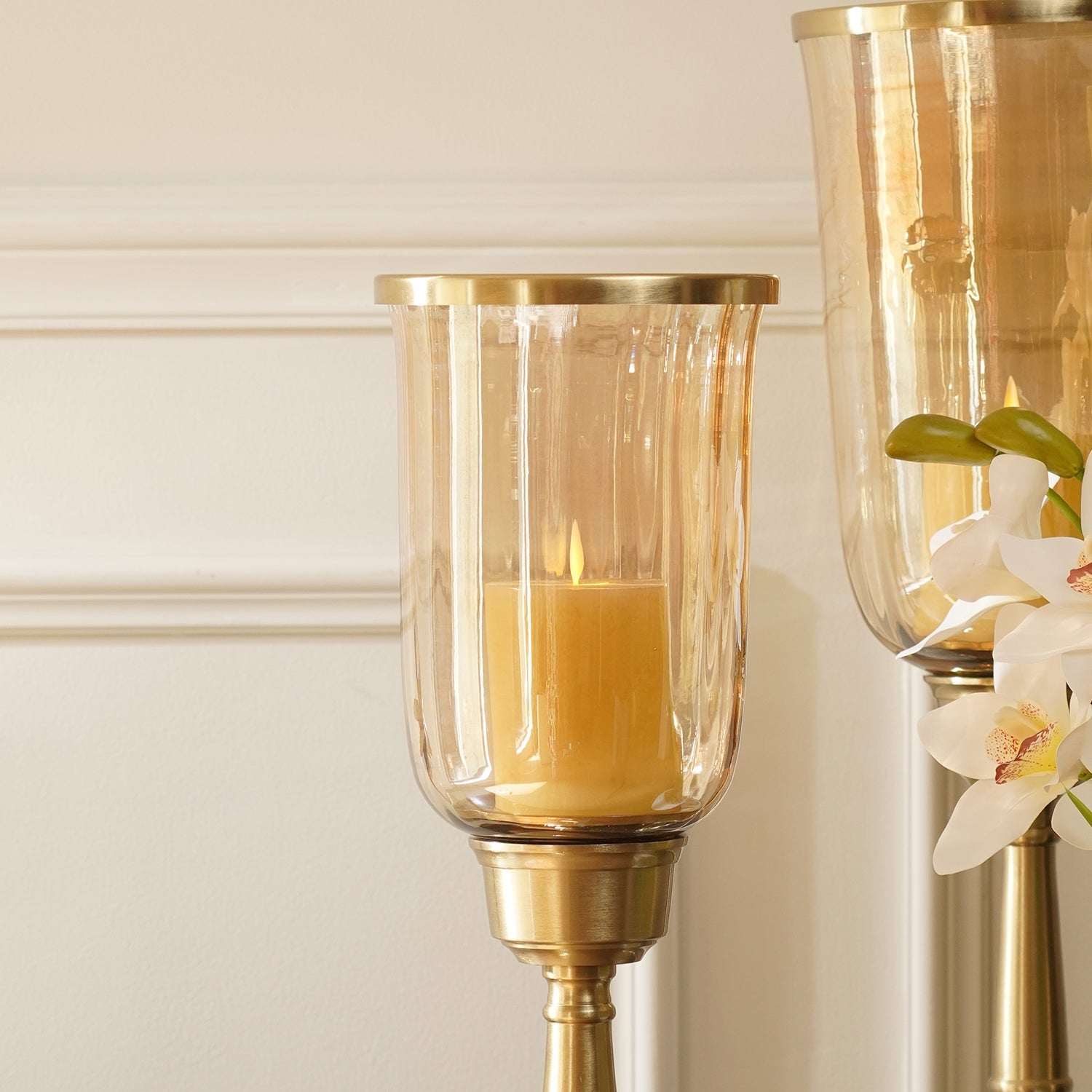 Amber Glass Hurricane Candle Holder