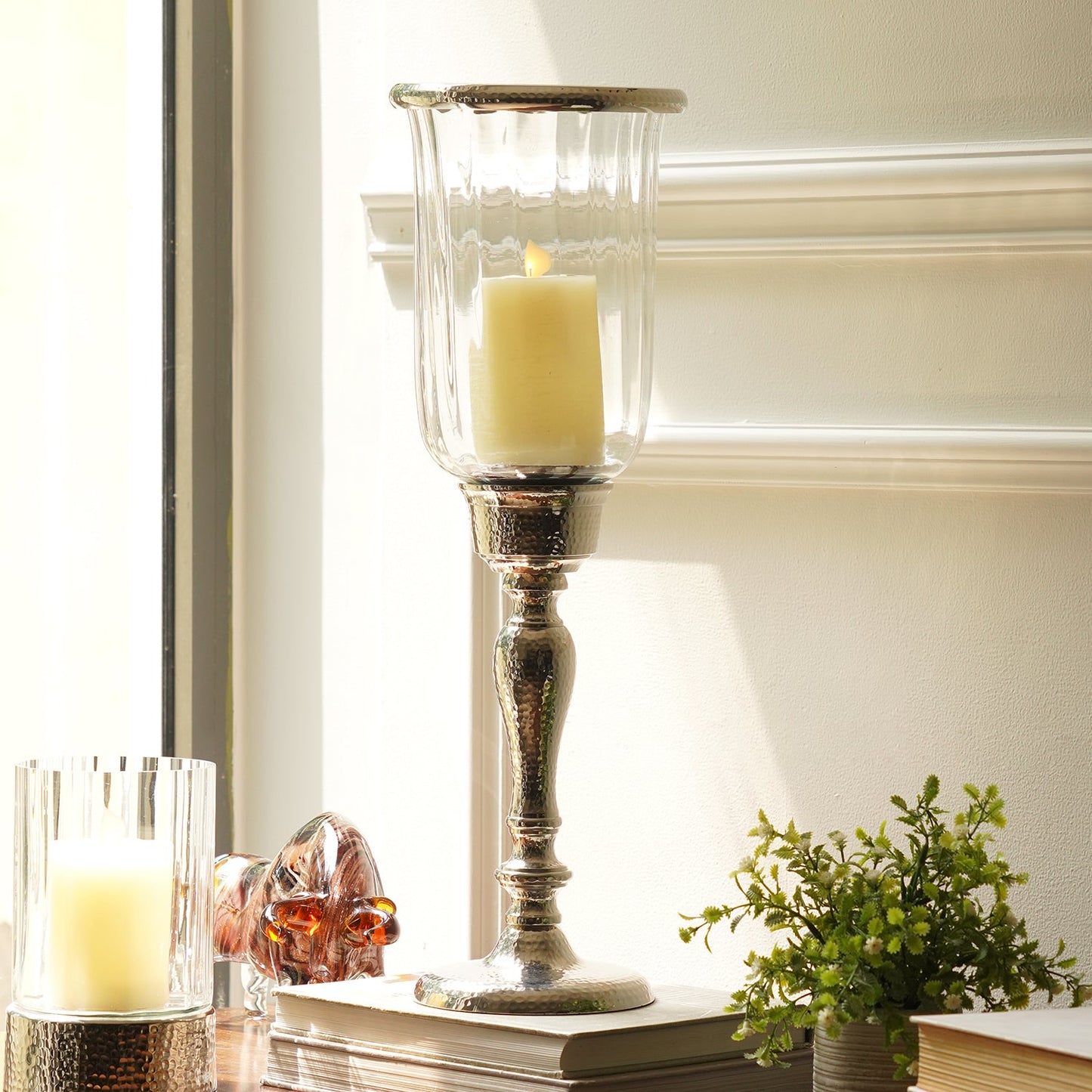 Silver Hammered Hurricane Candle Holder With Stand