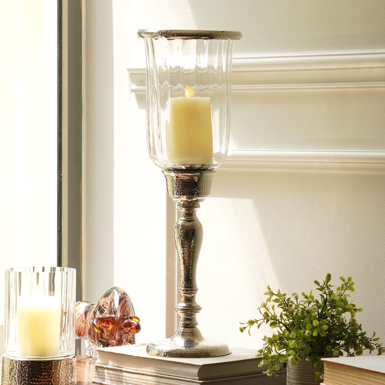 Silver Hammered Hurricane Candle Holder With Stand