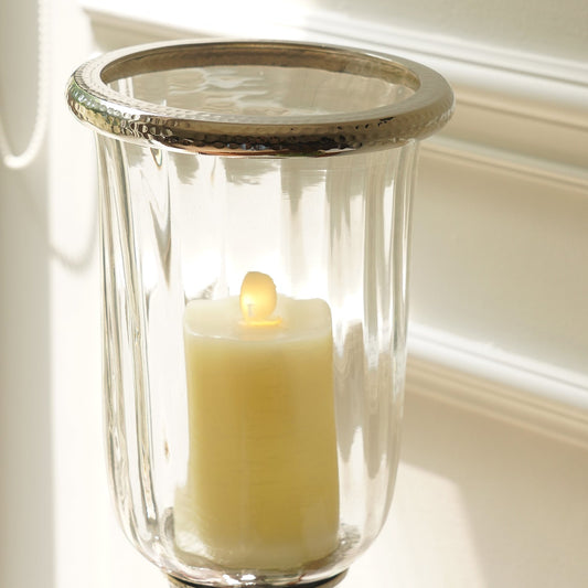 Silver Hammered Hurricane Candle Holder With Stand