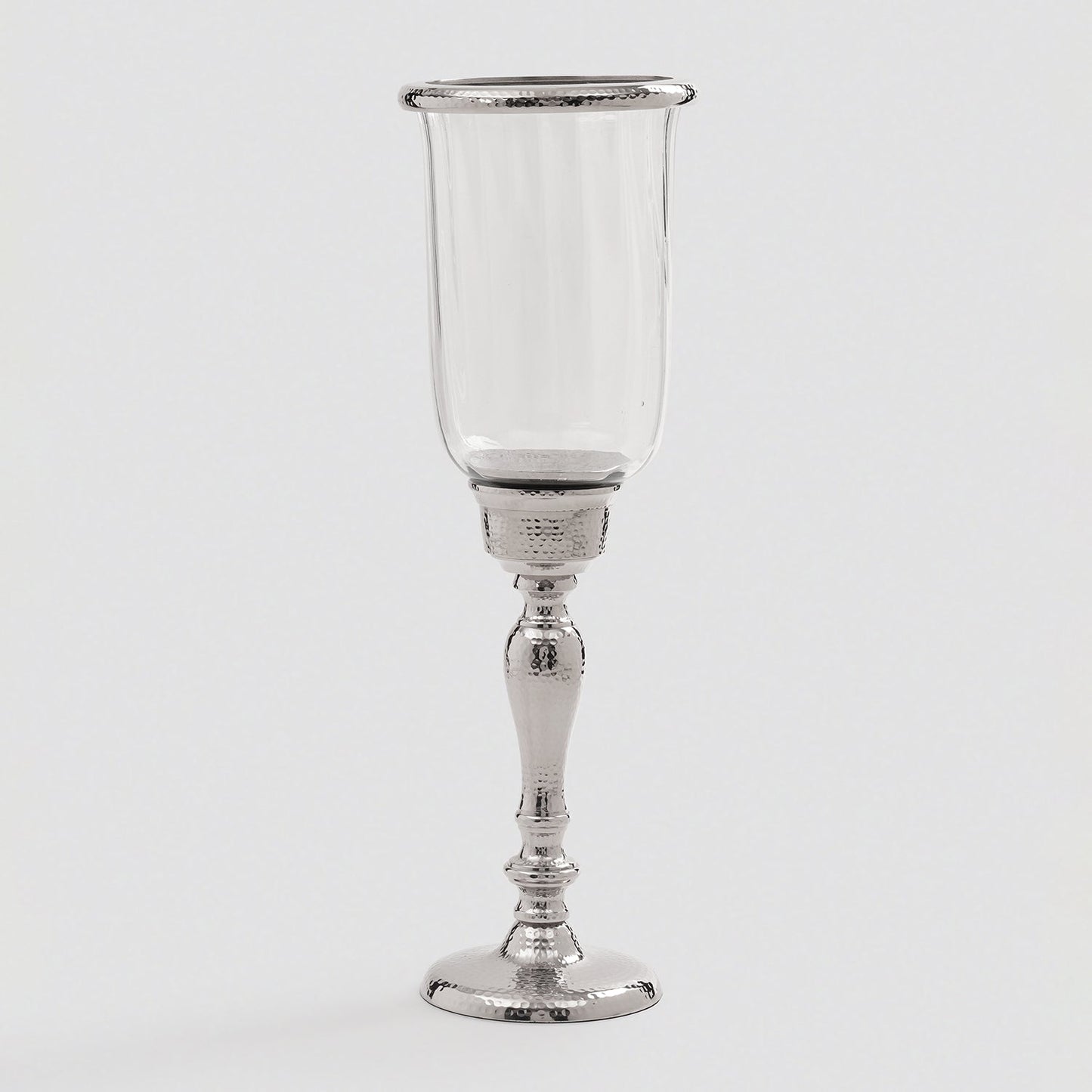 Silver Hammered Hurricane Candle Holder With Stand
