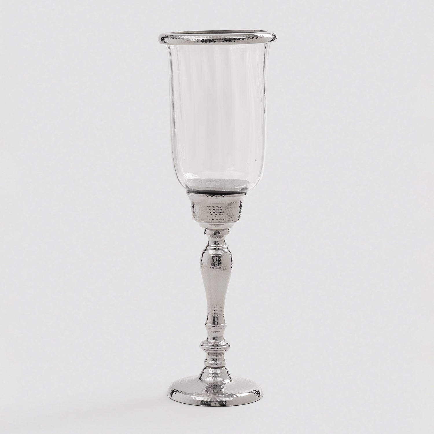 Silver Hammered Hurricane Candle Holder With Stand