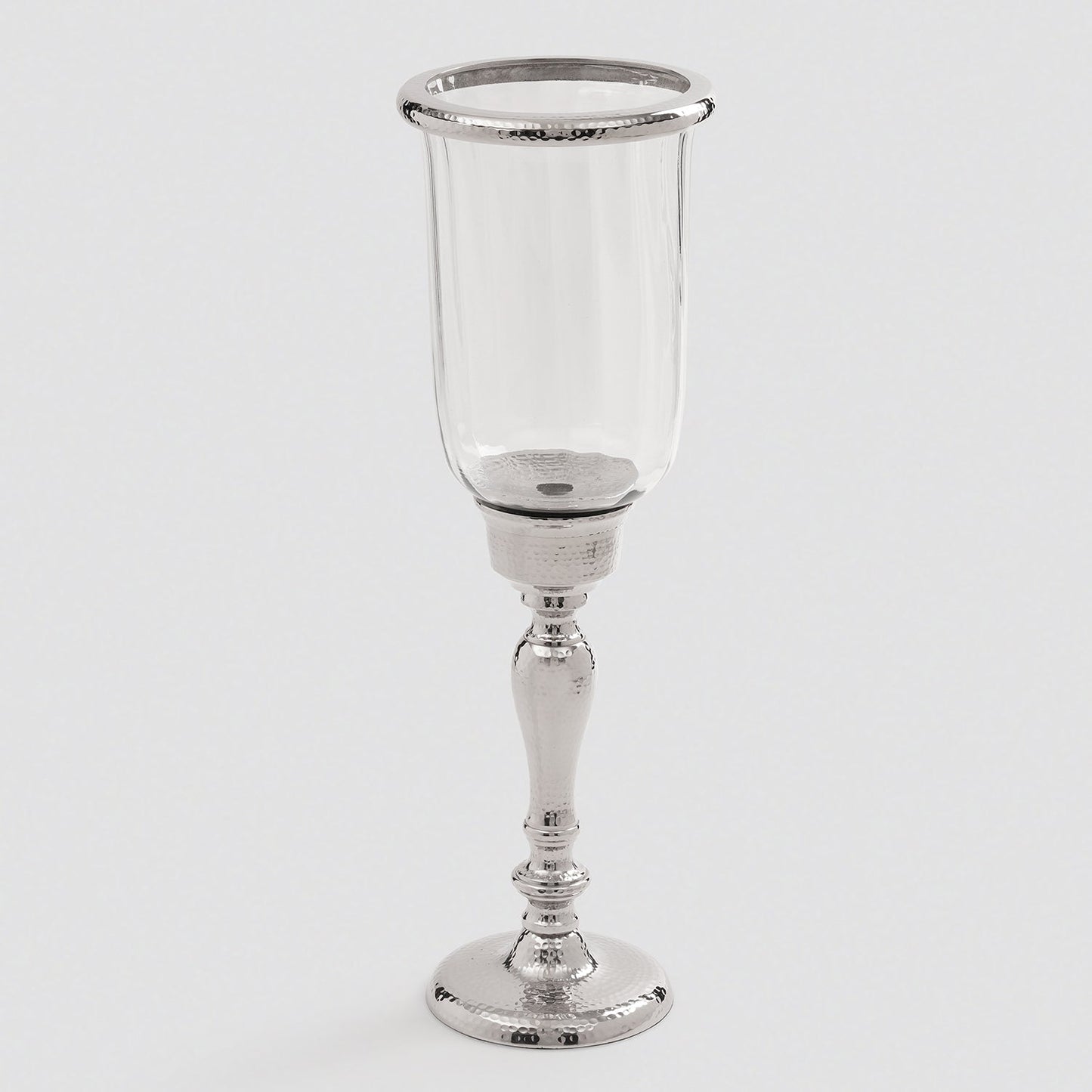 Silver Hammered Hurricane Candle Holder With Stand