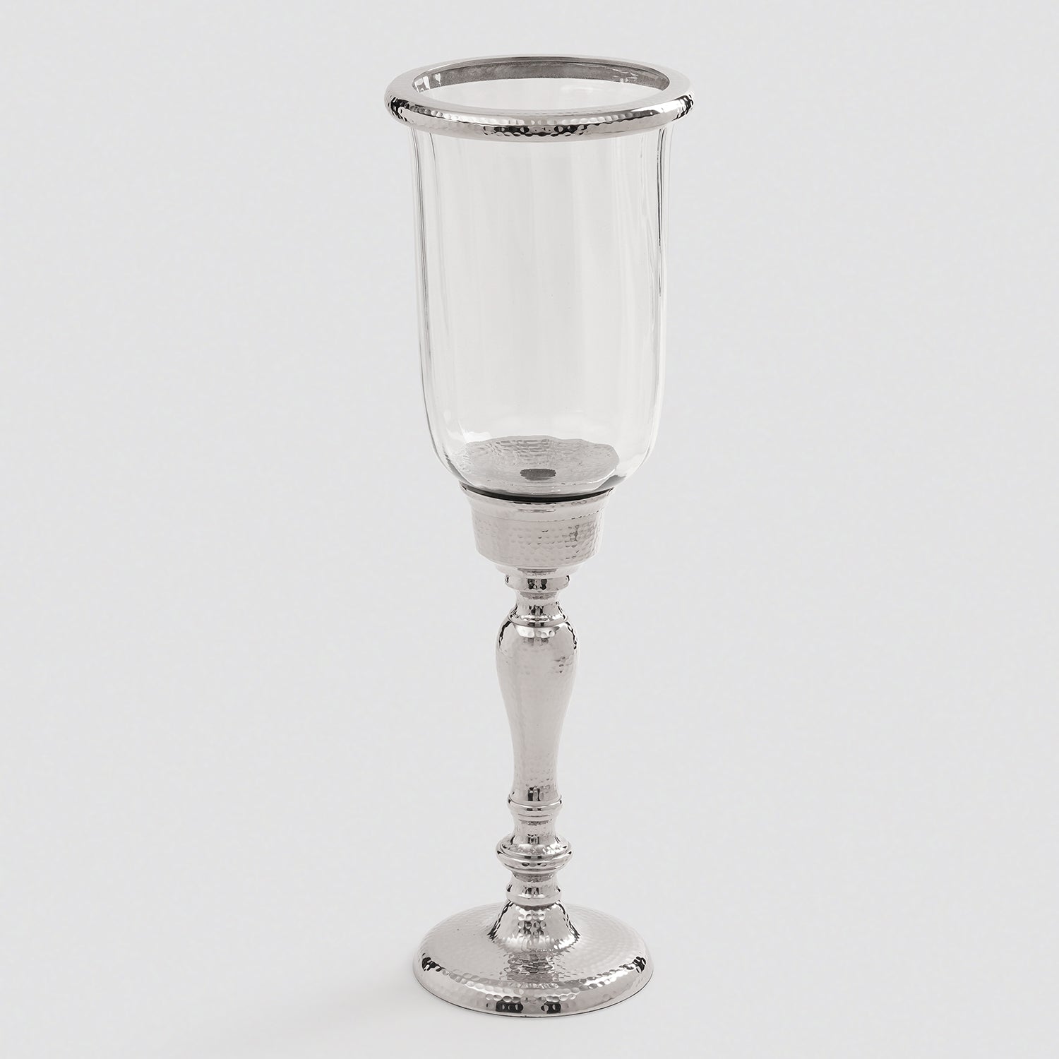 Silver Hammered Hurricane Candle Holder With Stand