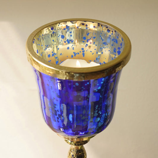 Blue Glass Hurricane With Hammered Base
