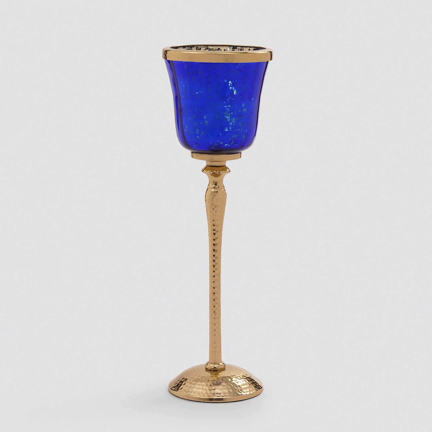Blue Glass Hurricane With Hammered Base