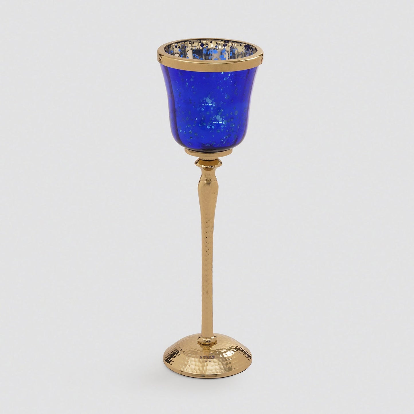 Blue Glass Hurricane With Hammered Base