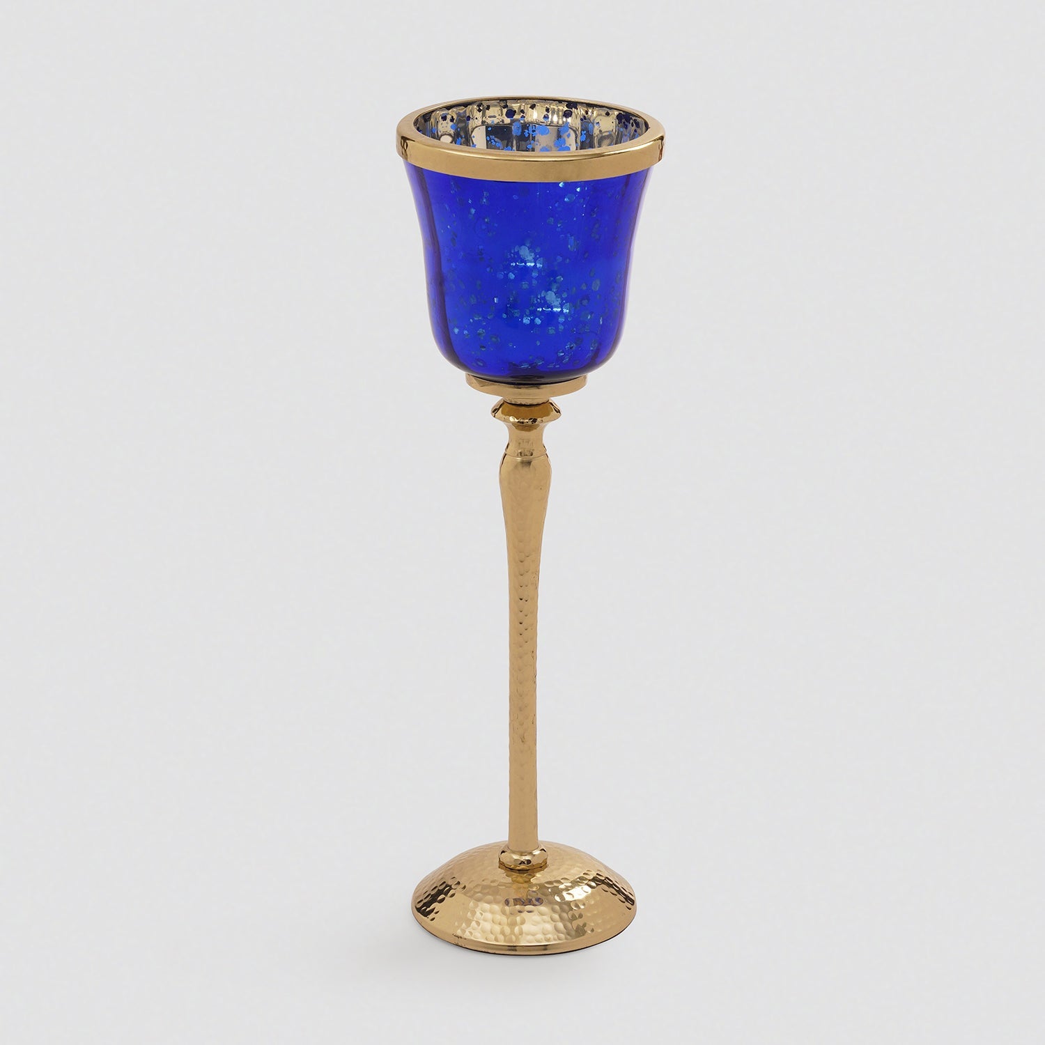 Blue Glass Hurricane With Hammered Base