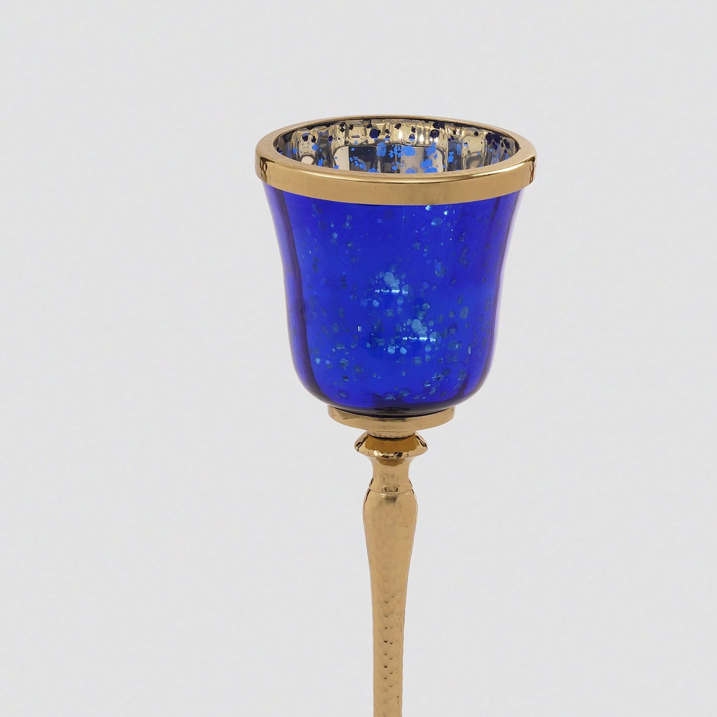 Blue Glass Hurricane With Hammered Base