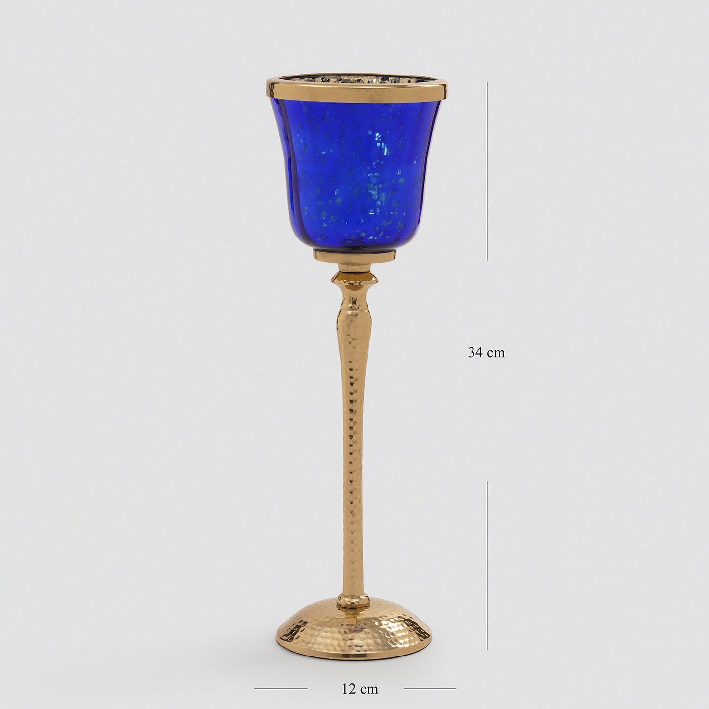 Blue Glass Hurricane With Hammered Base