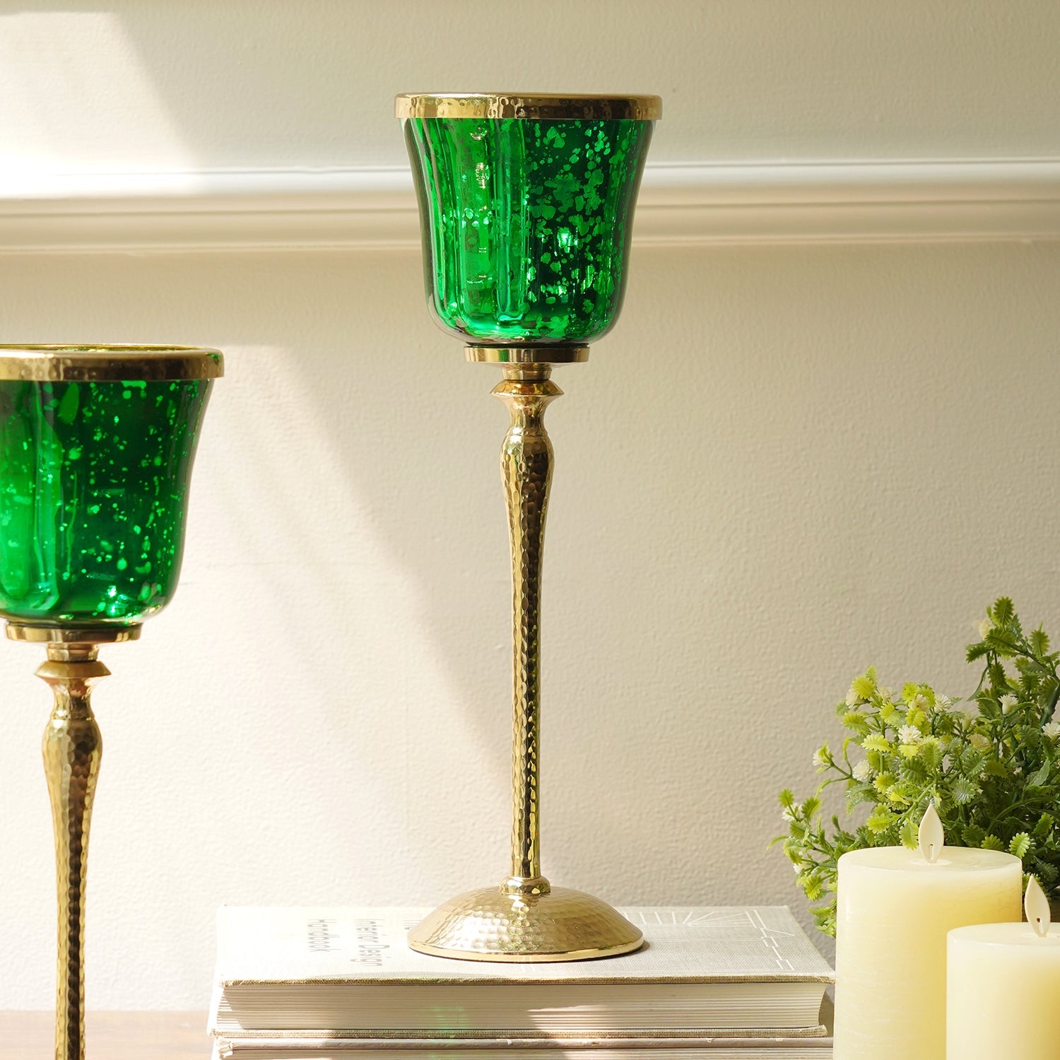 Green Glass Hurricane With Hammered Base