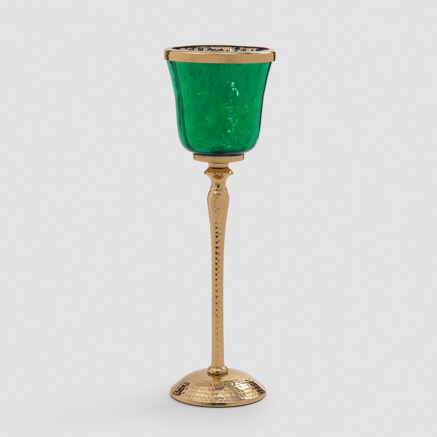 Green Glass Hurricane With Hammered Base