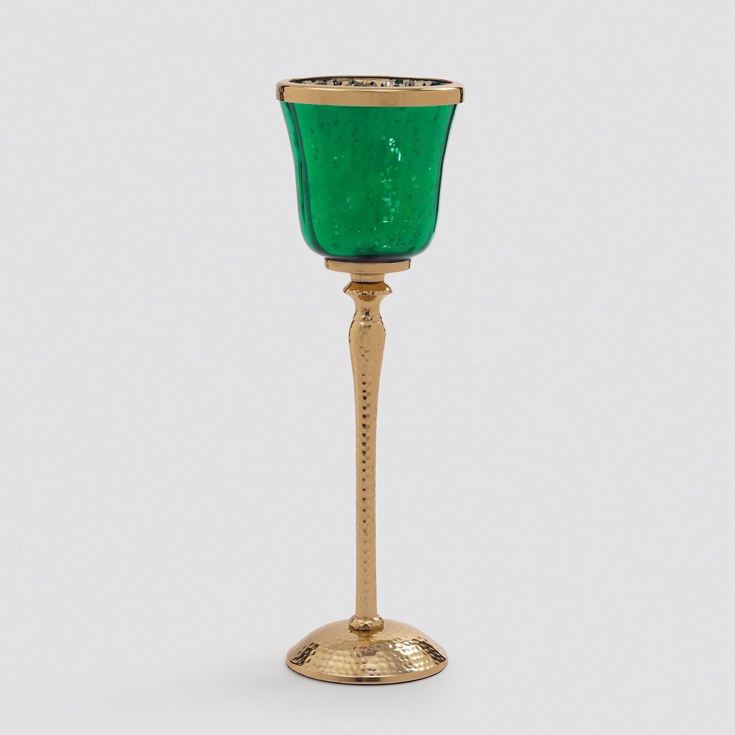Green Glass Hurricane With Hammered Base