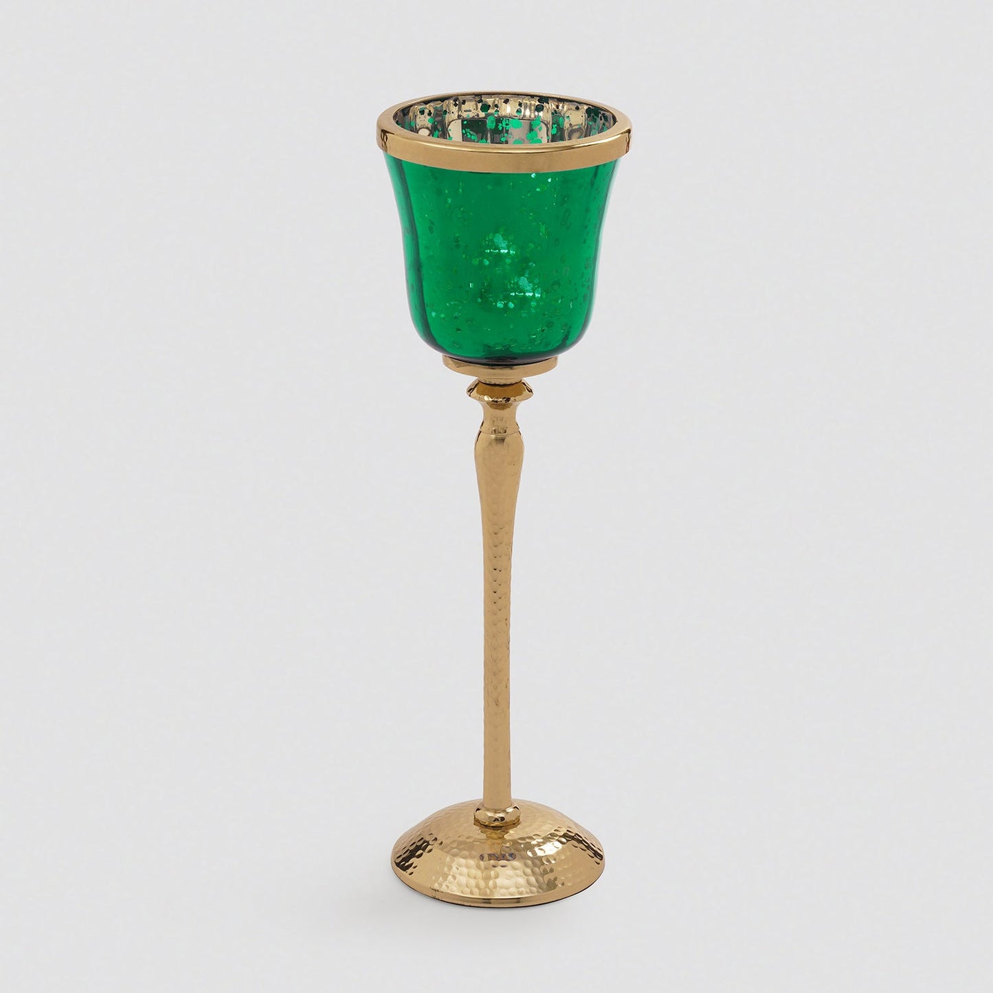 Green Glass Hurricane With Hammered Base