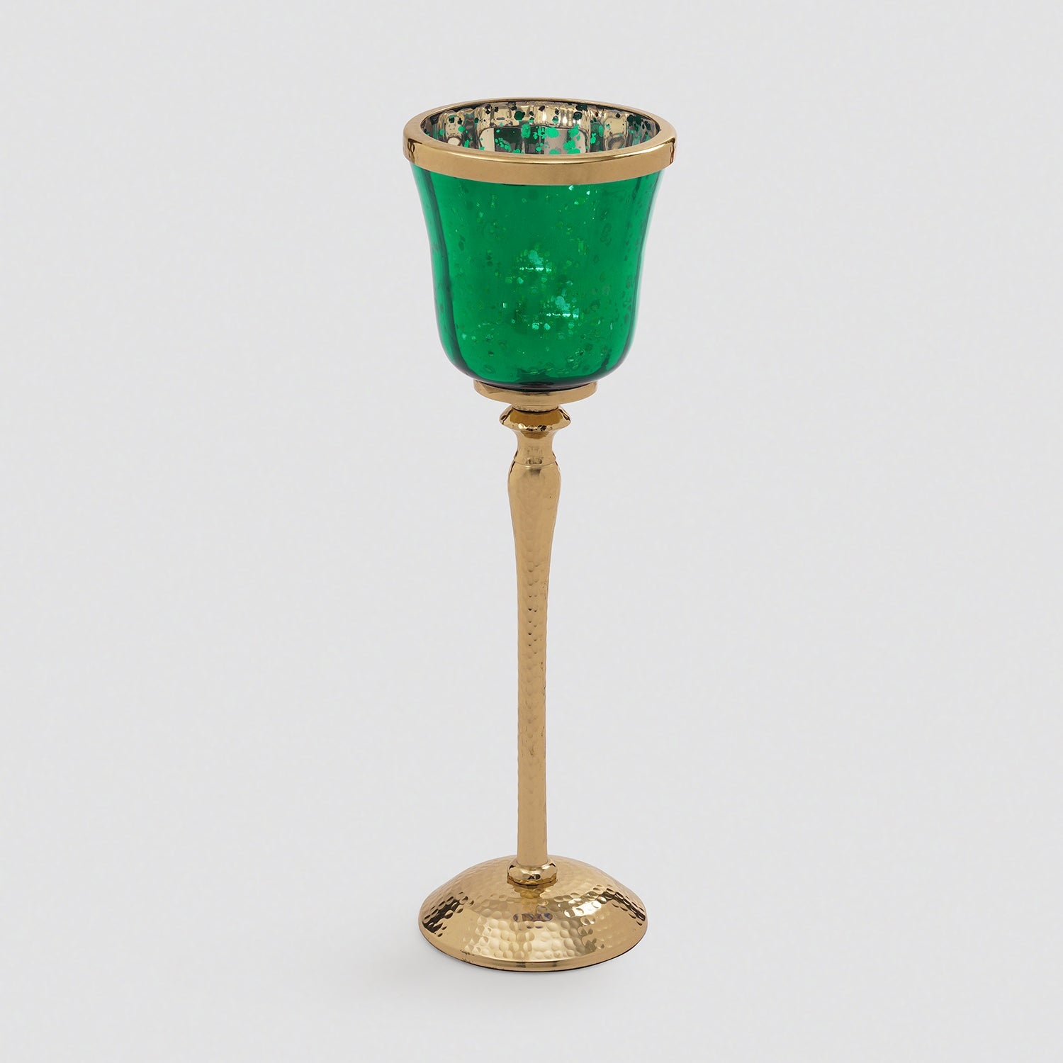 Green Glass Hurricane With Hammered Base