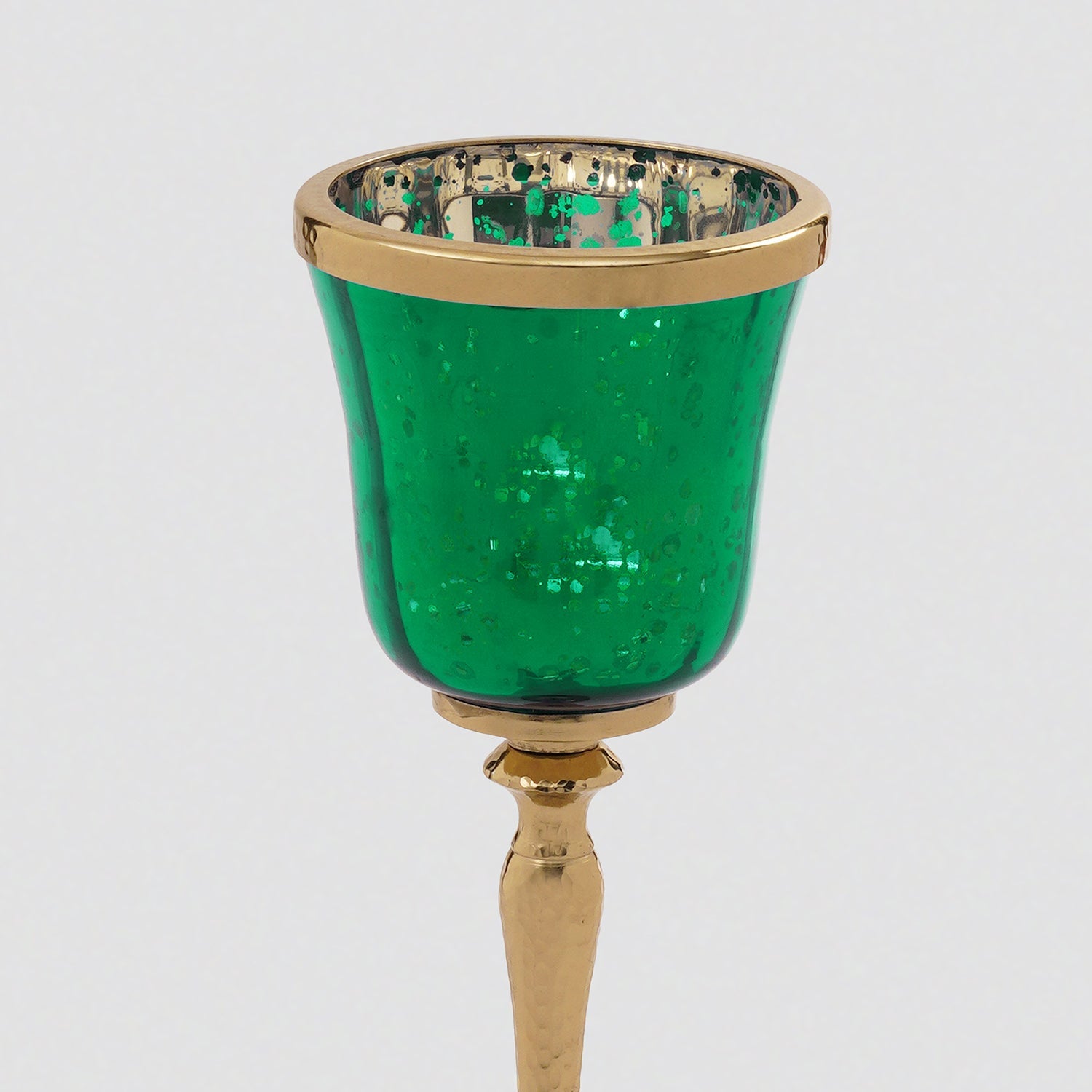 Green Glass Hurricane With Hammered Base