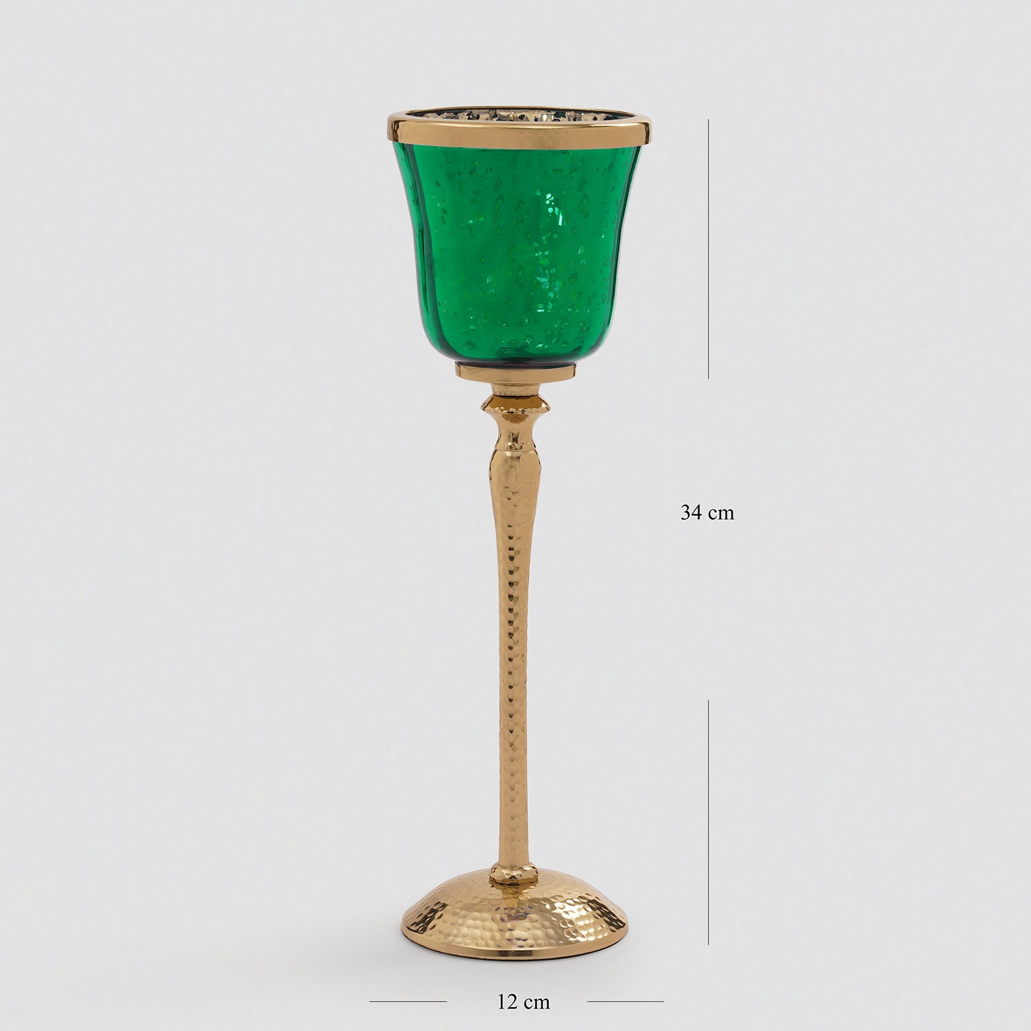 Green Glass Hurricane With Hammered Base