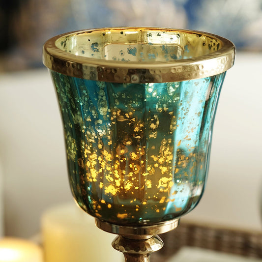 Teal Glass Hurricane With Hammered Base