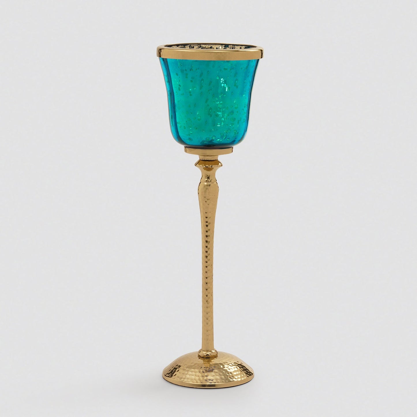 Teal Glass Hurricane With Hammered Base