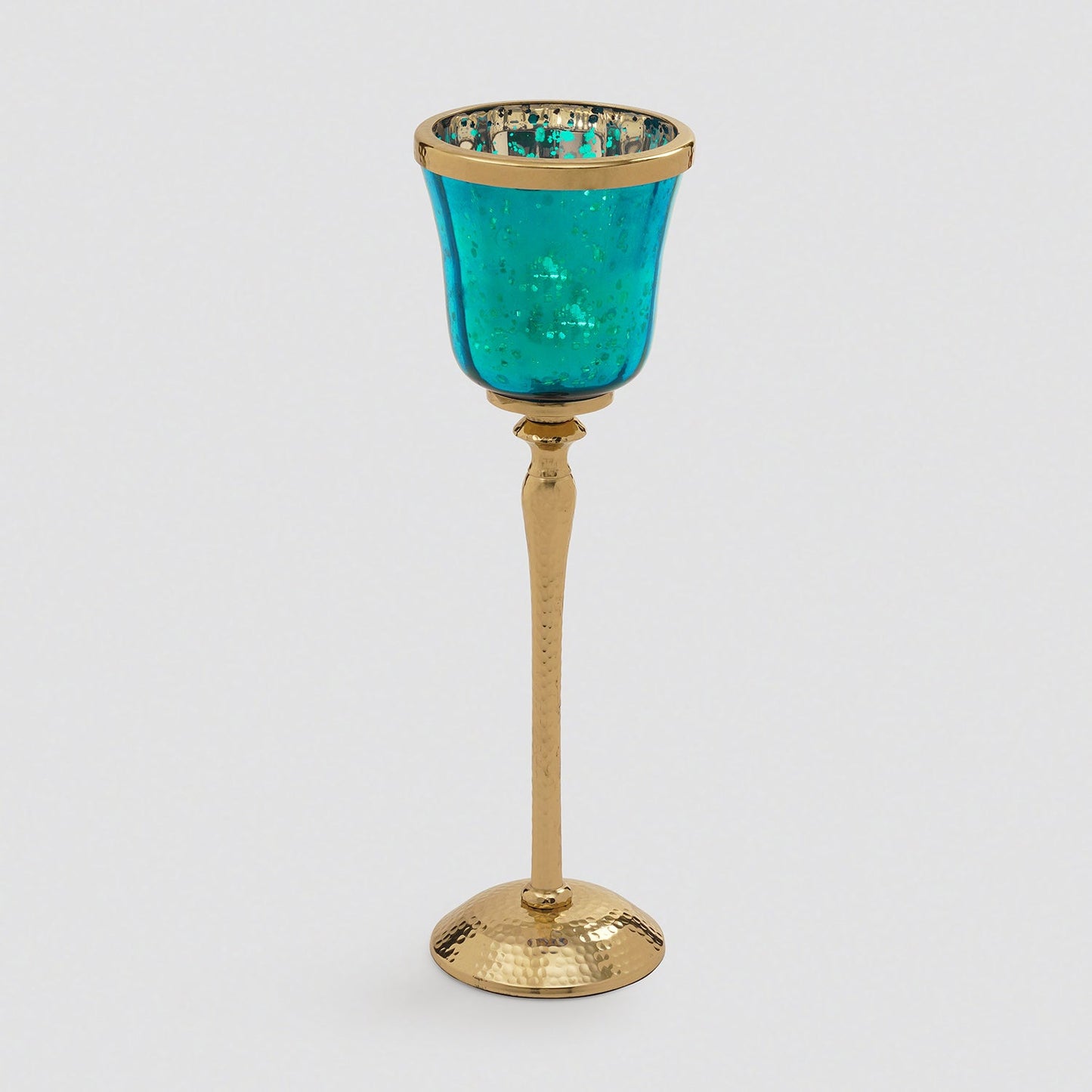 Teal Glass Hurricane With Hammered Base
