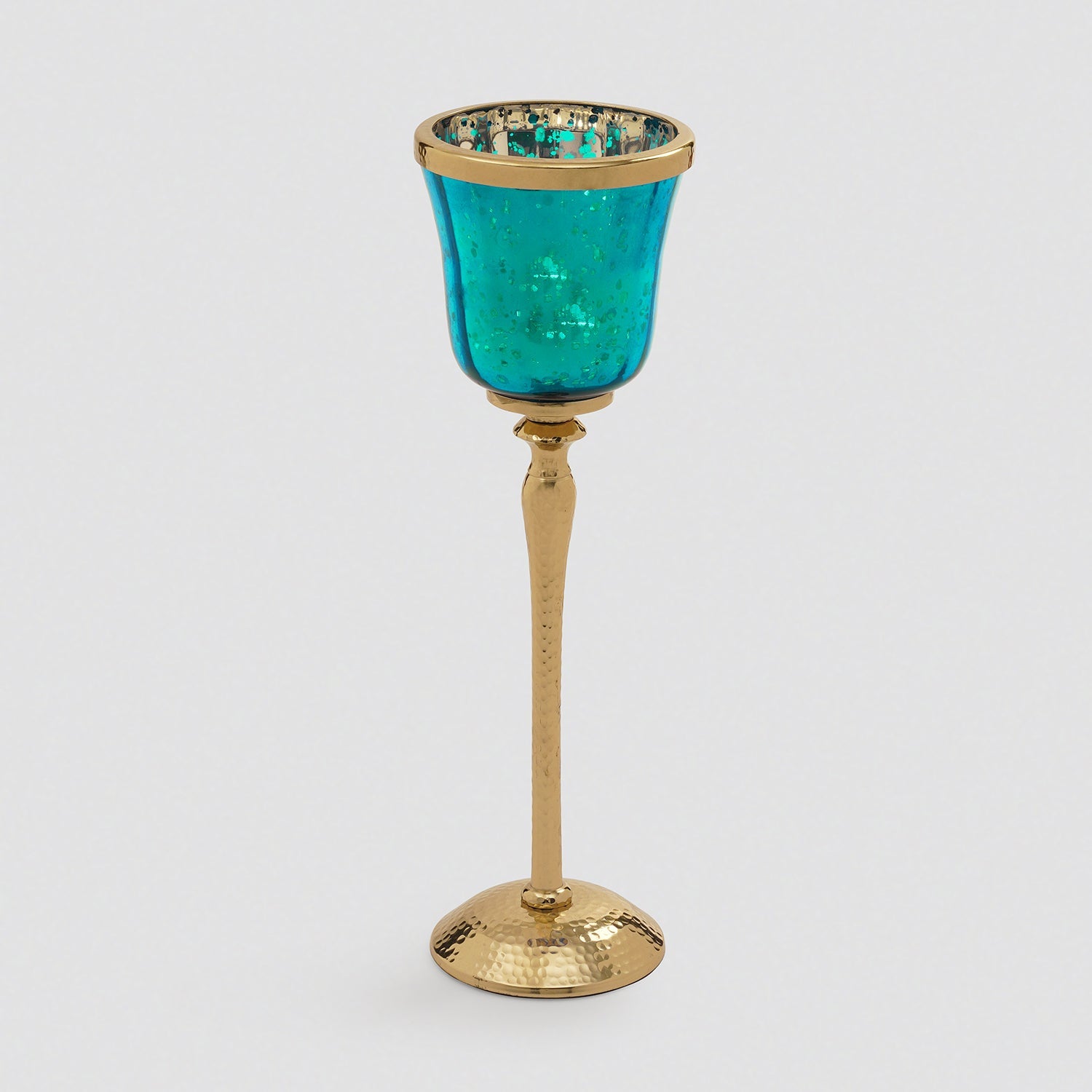 Teal Glass Hurricane With Hammered Base