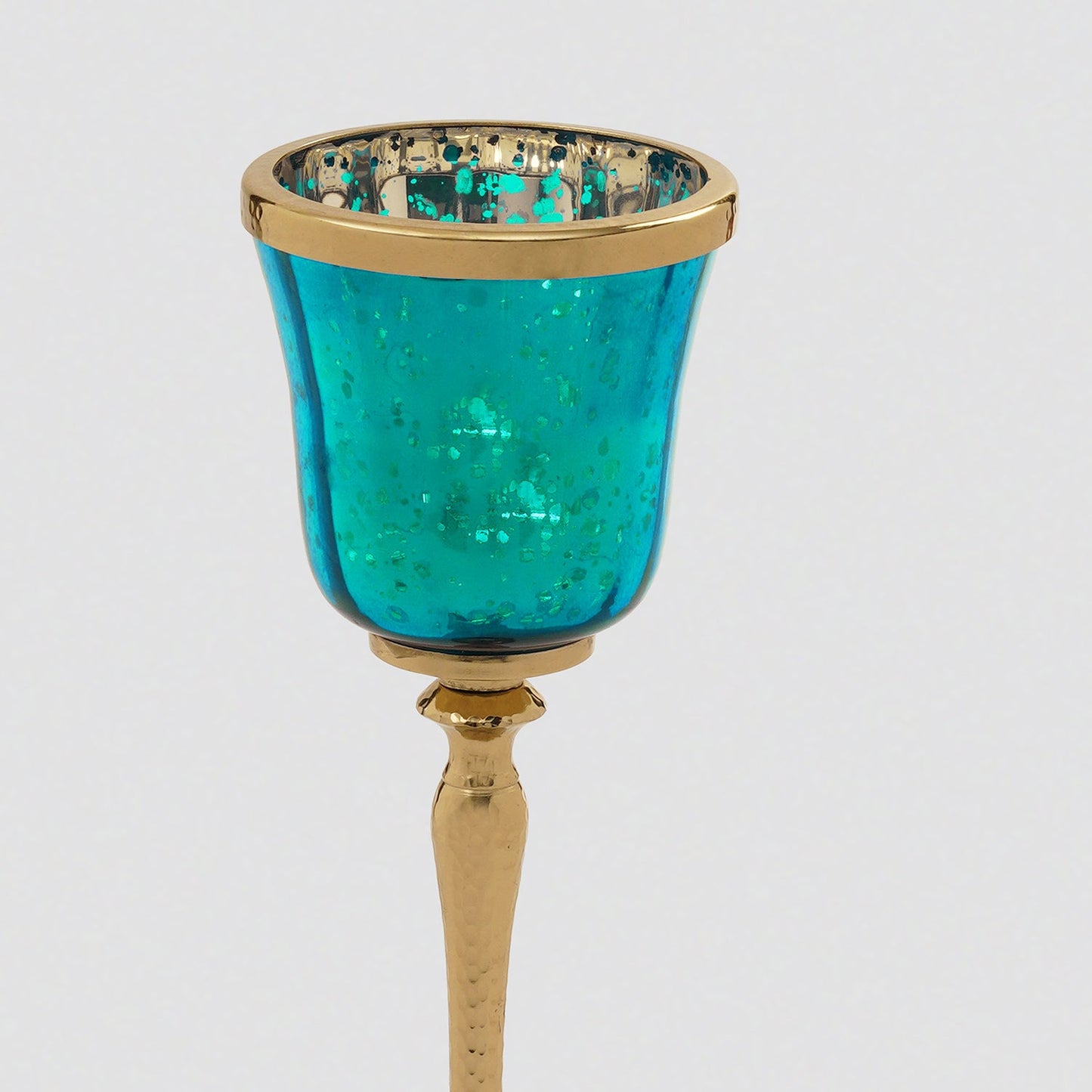 Teal Glass Hurricane With Hammered Base