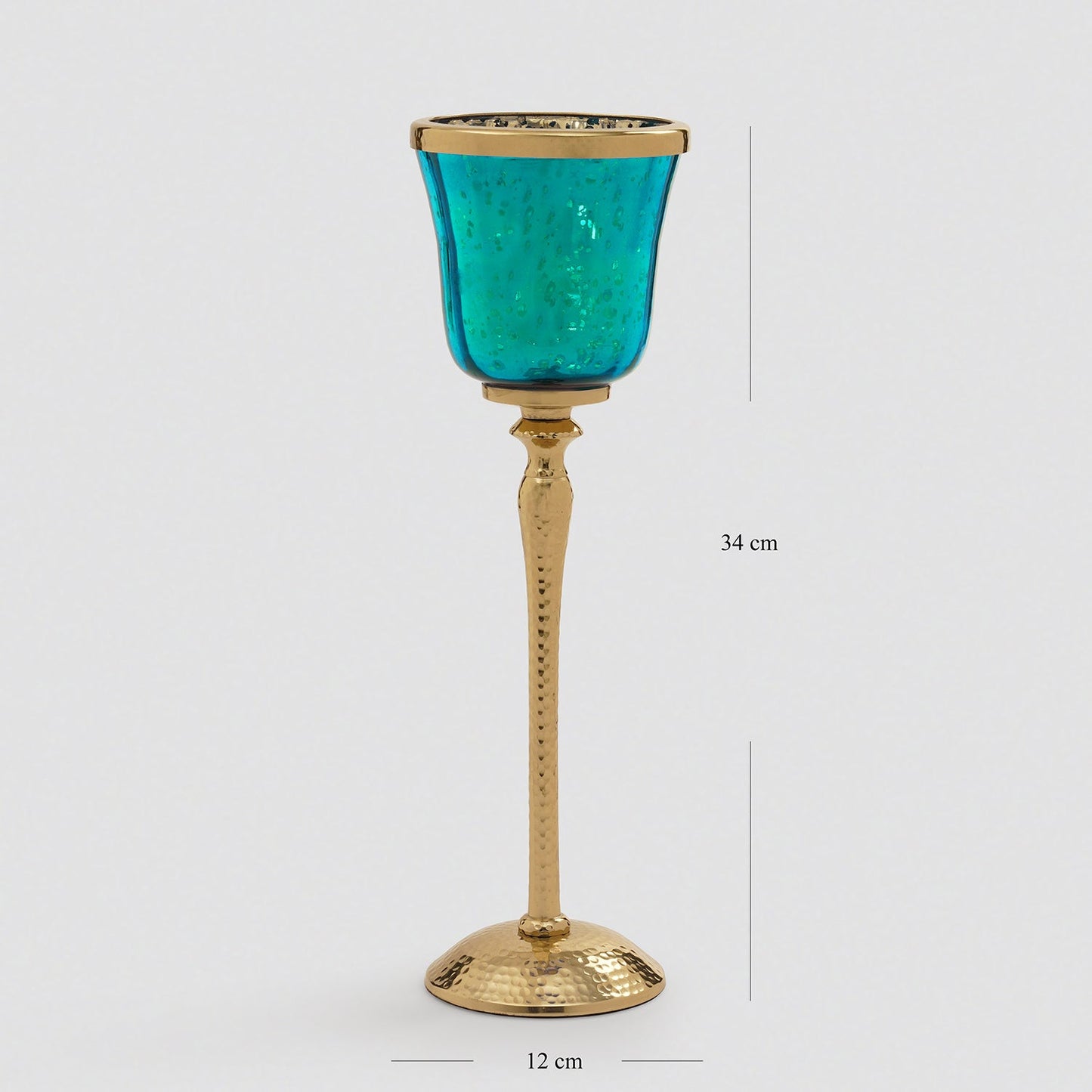 Teal Glass Hurricane With Hammered Base