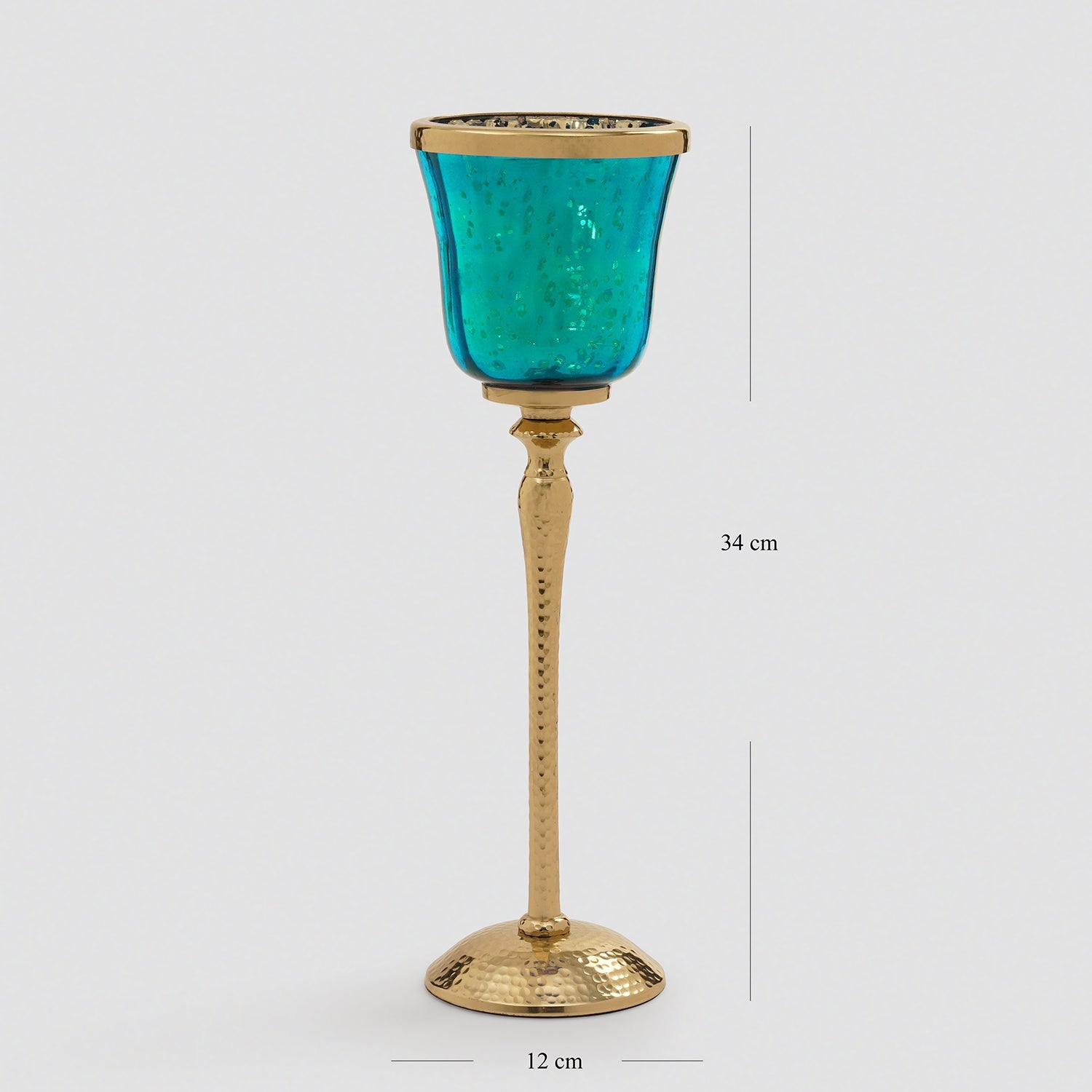 Teal Glass Hurricane With Hammered Base