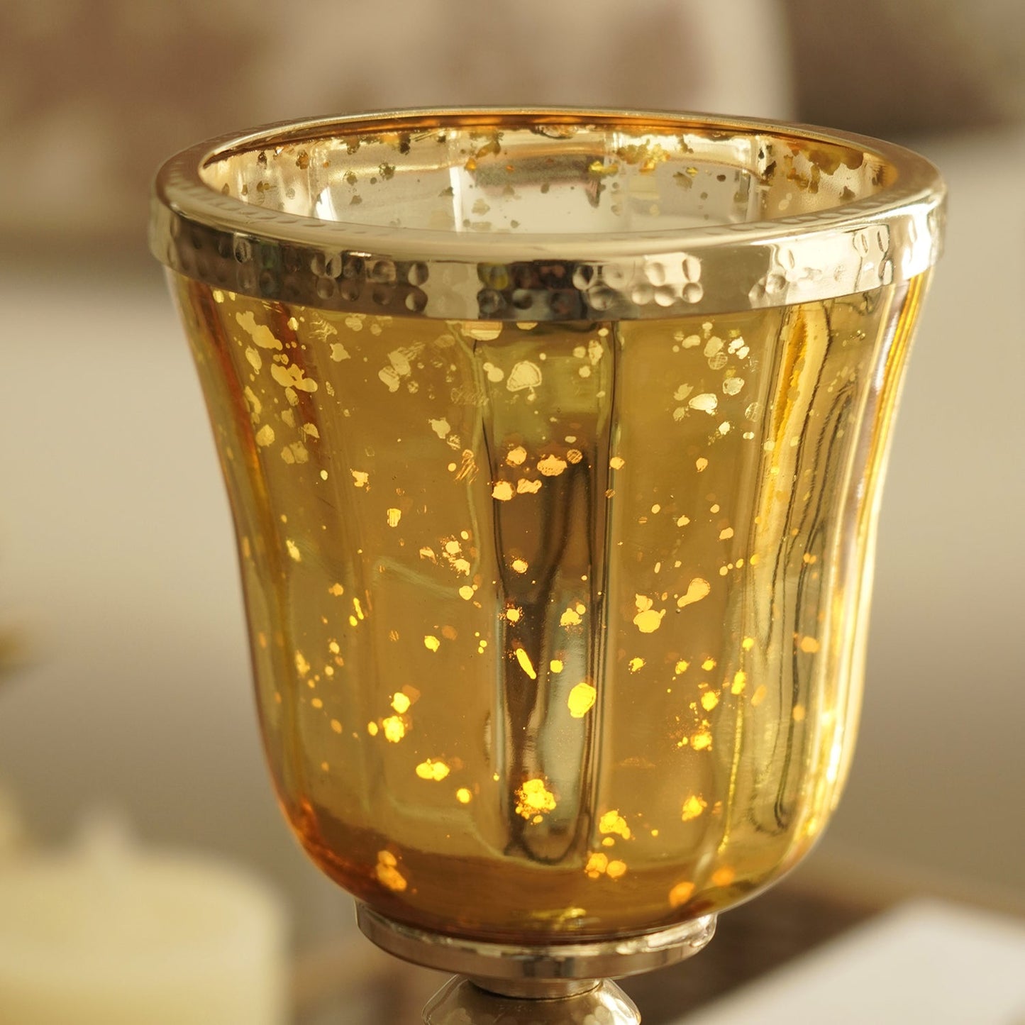Gold Glass Hurricane With Hammered Base