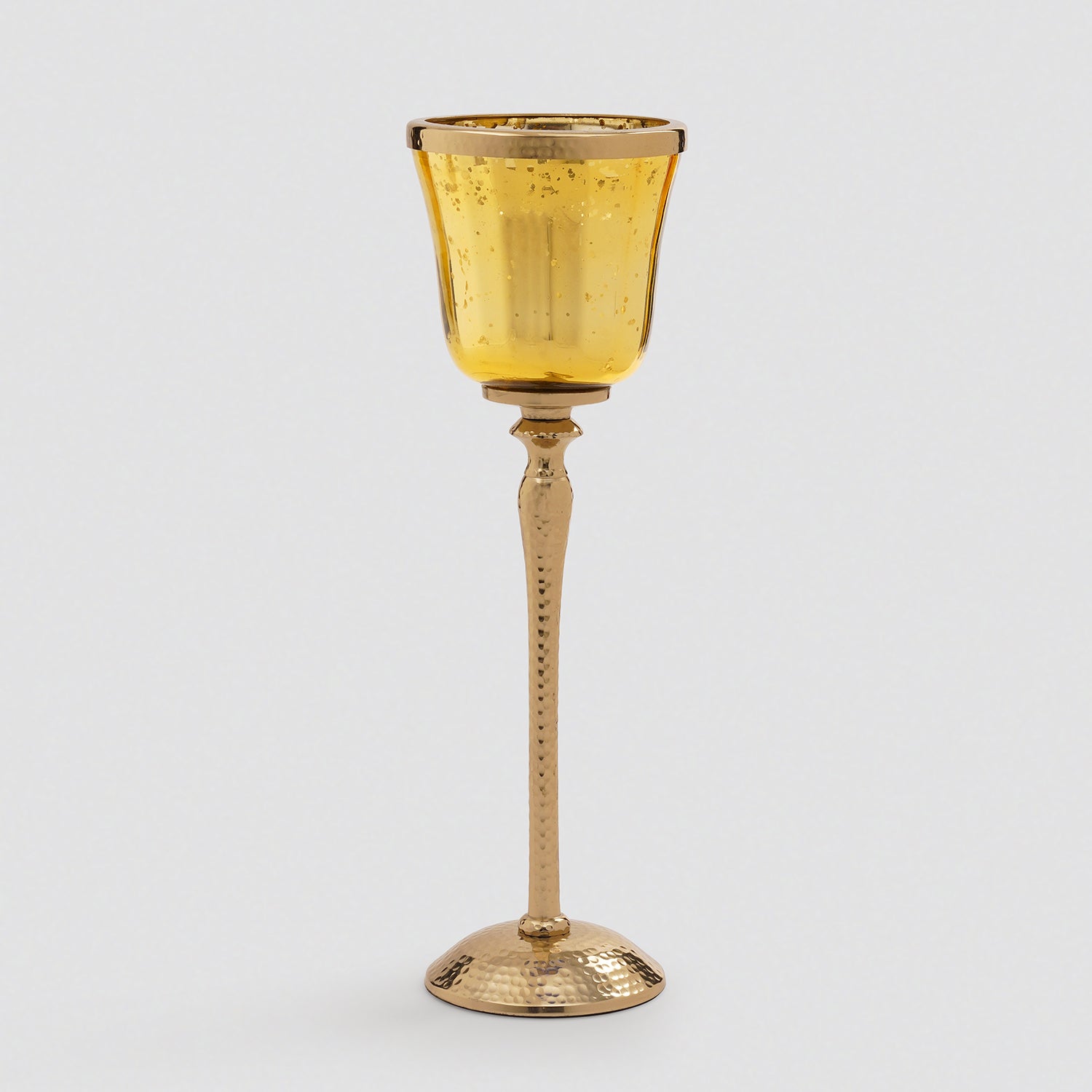 Gold Glass Hurricane With Hammered Base