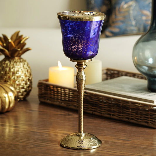 Navy Glass Hurricane With Hammered Base