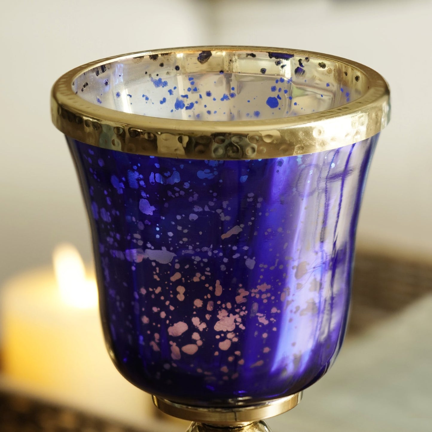 Navy Glass Hurricane With Hammered Base