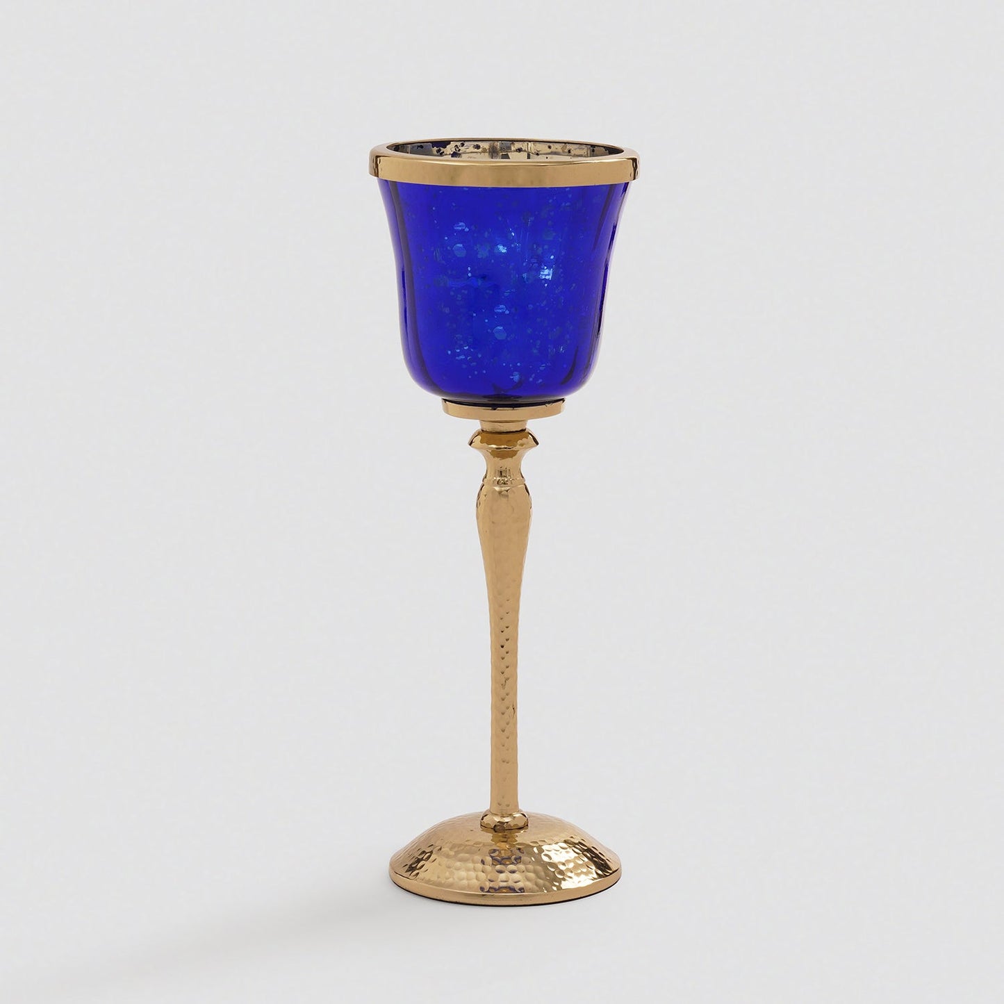 Navy Glass Hurricane With Hammered Base