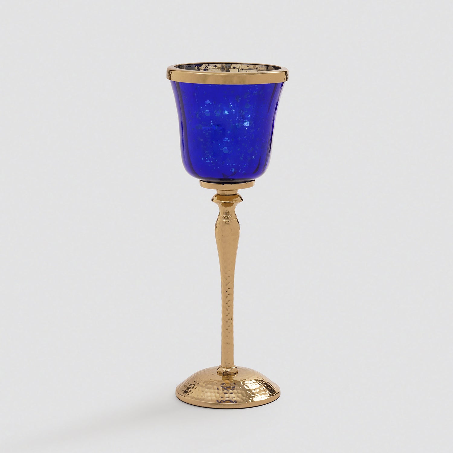 Navy Glass Hurricane With Hammered Base