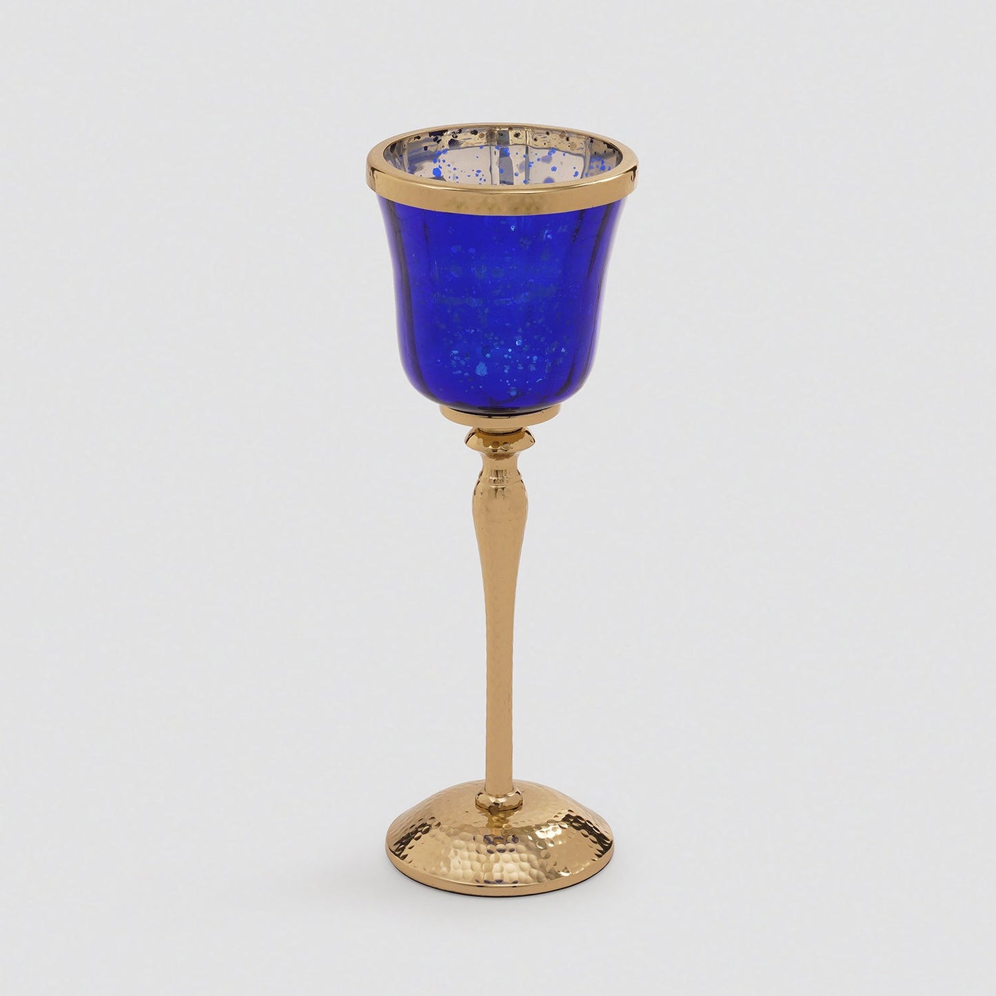 Navy Glass Hurricane With Hammered Base