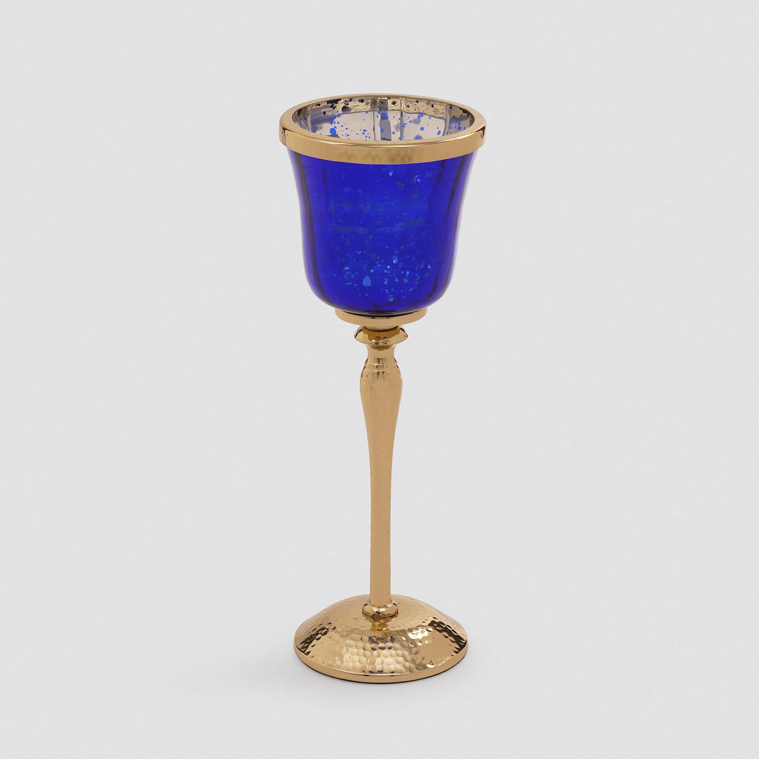 Navy Glass Hurricane With Hammered Base