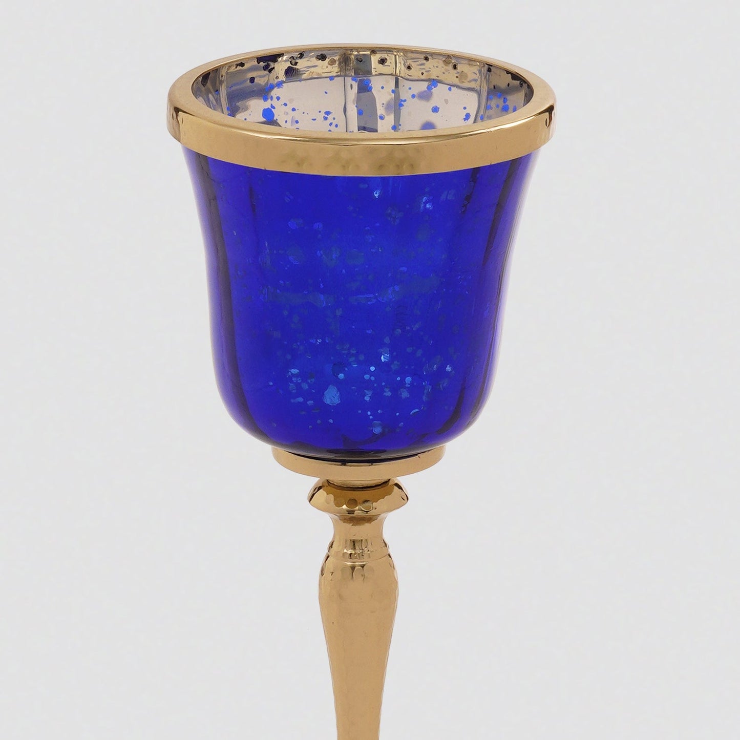 Navy Glass Hurricane With Hammered Base