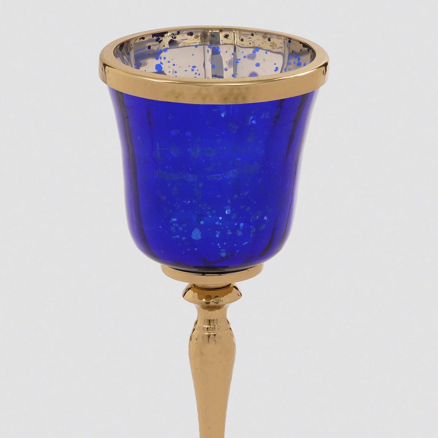 Navy Glass Hurricane With Hammered Base