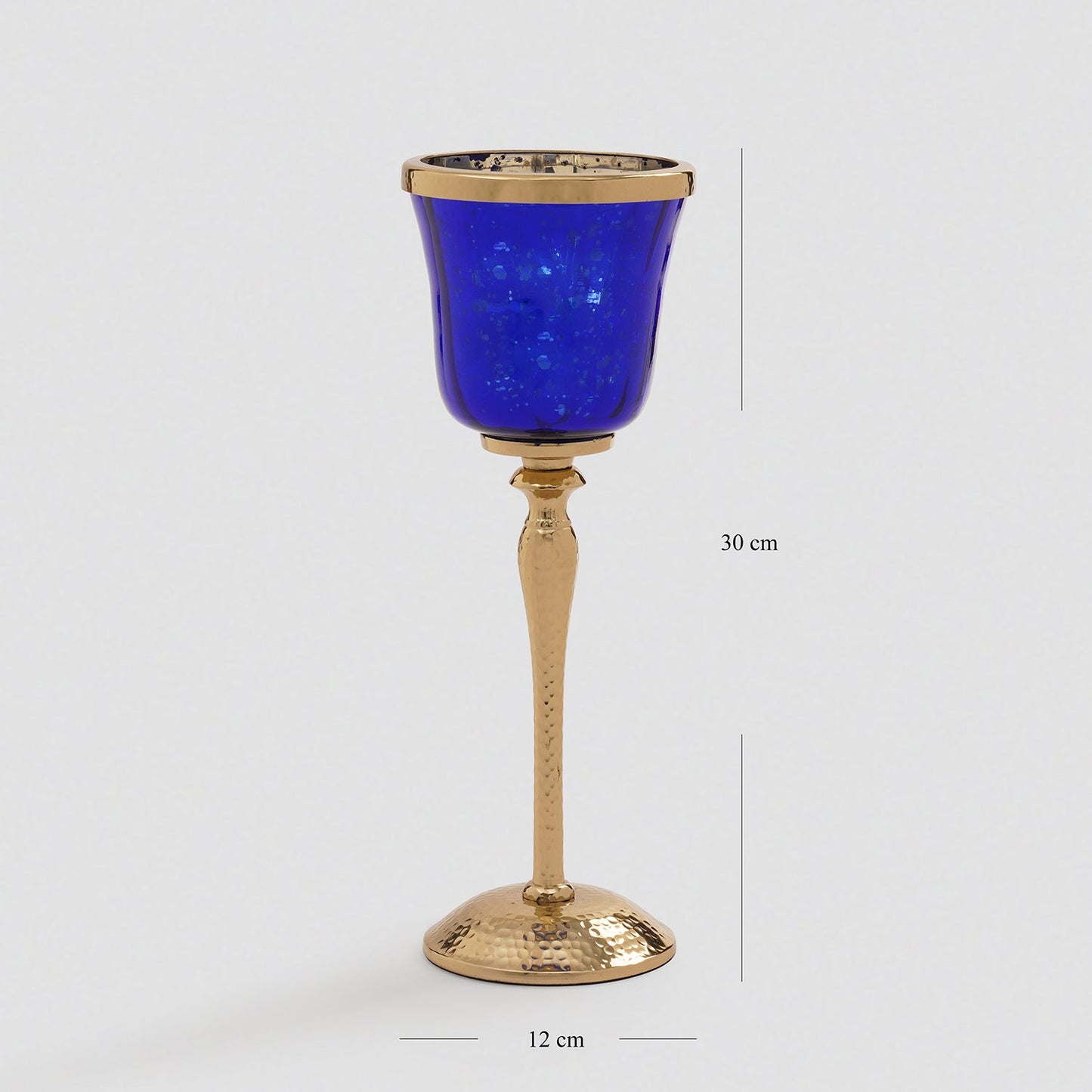 Navy Glass Hurricane With Hammered Base