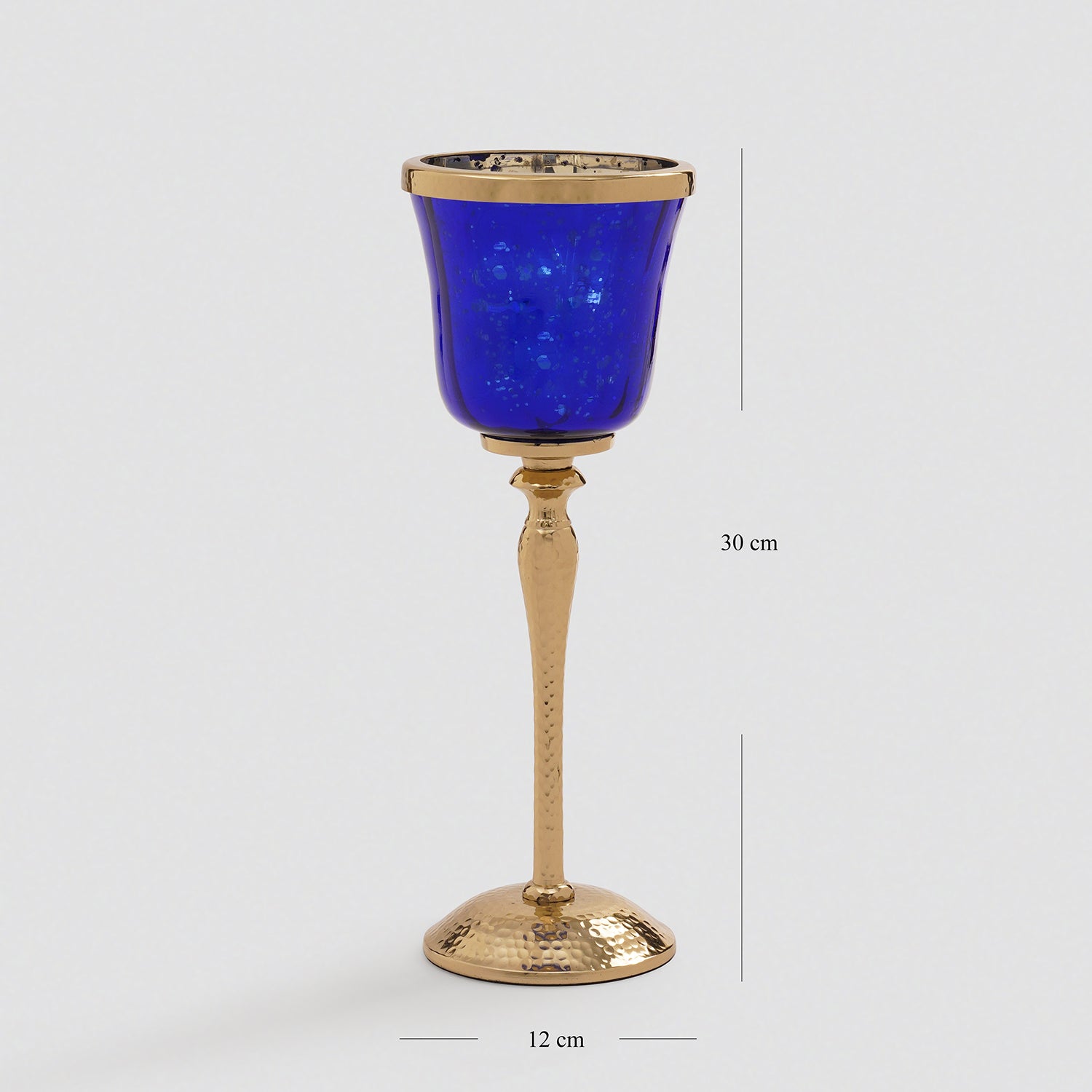Navy Glass Hurricane With Hammered Base