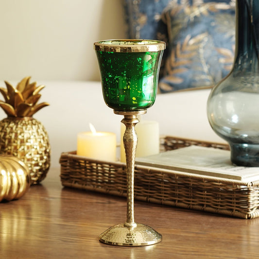 Dark Green Glass Hurricane With Hammered Base