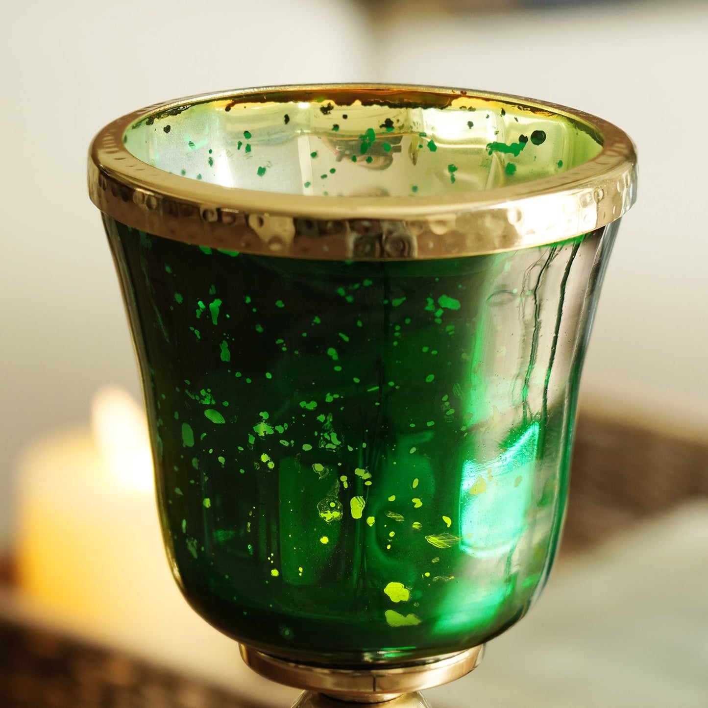 Dark Green Glass Hurricane With Hammered Base