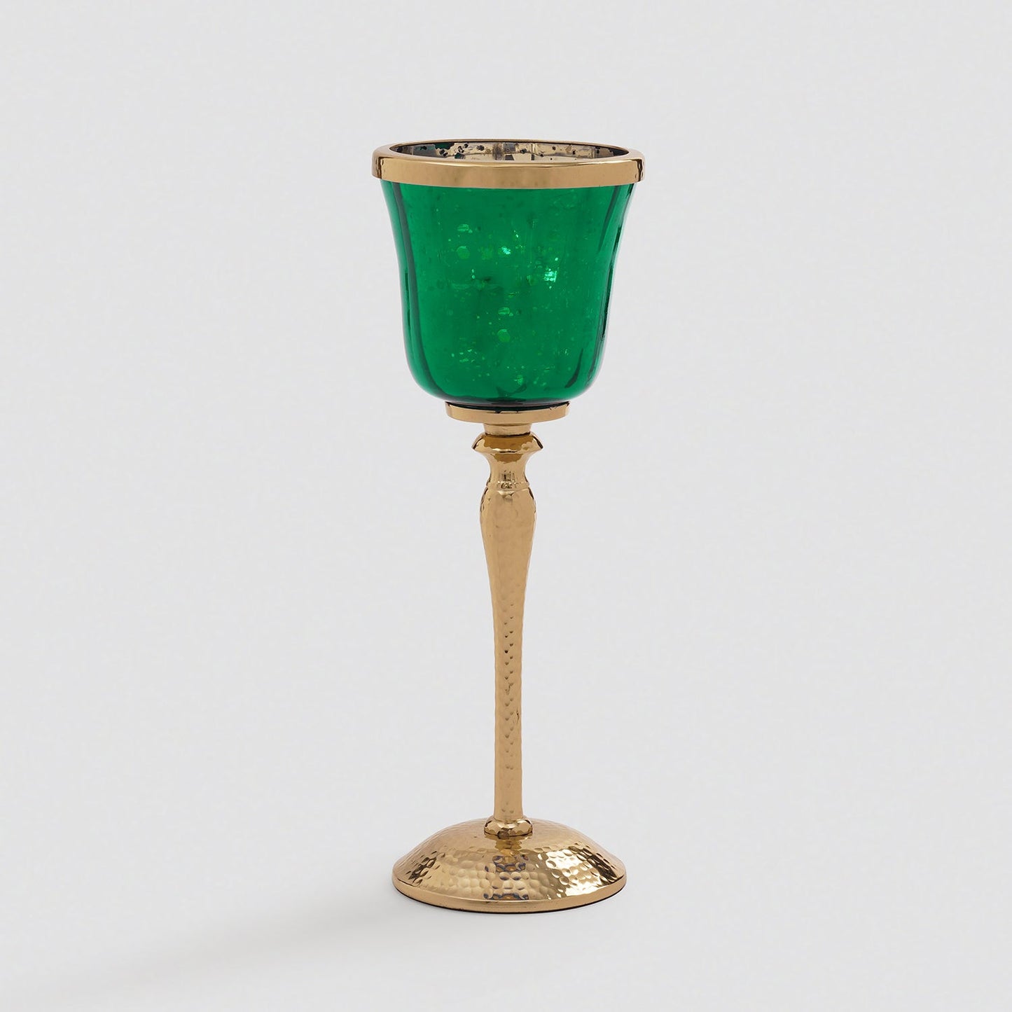 Dark Green Glass Hurricane With Hammered Base