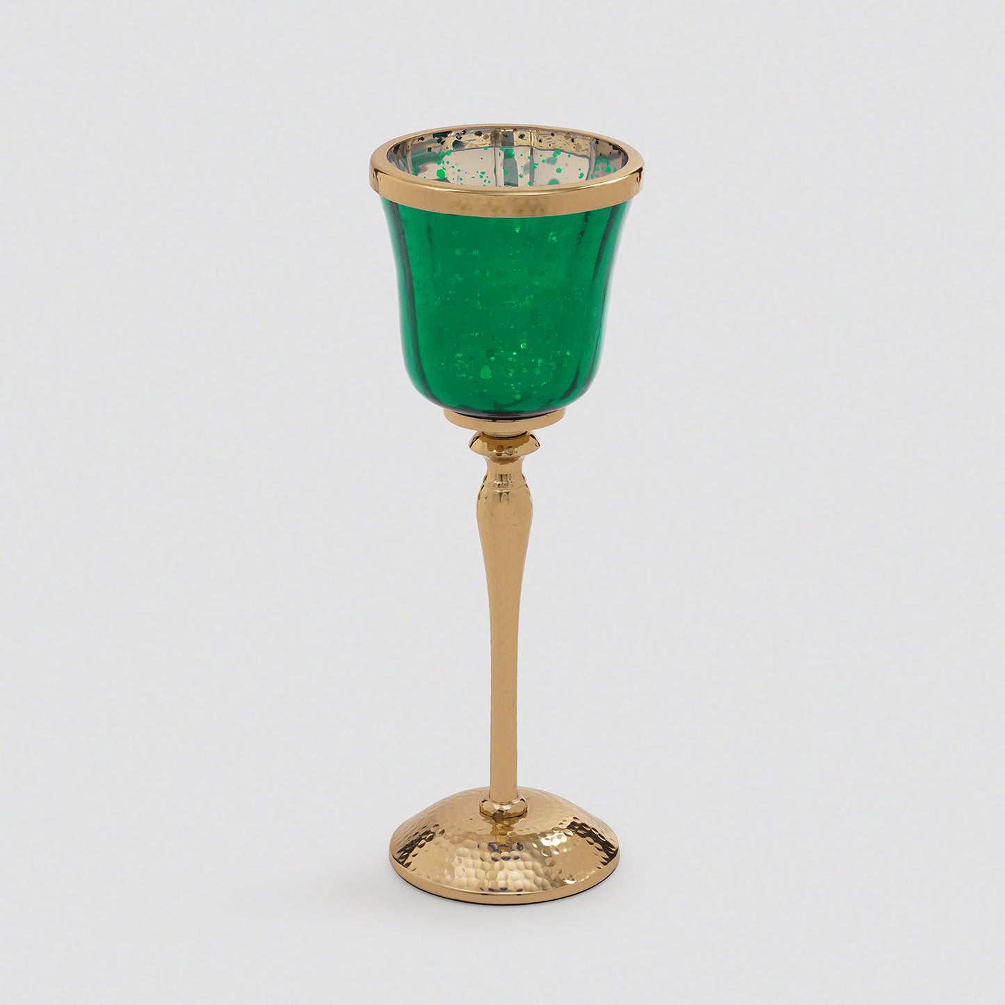 Dark Green Glass Hurricane With Hammered Base