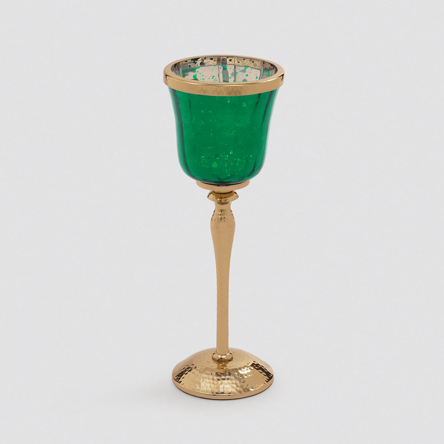 Dark Green Glass Hurricane With Hammered Base