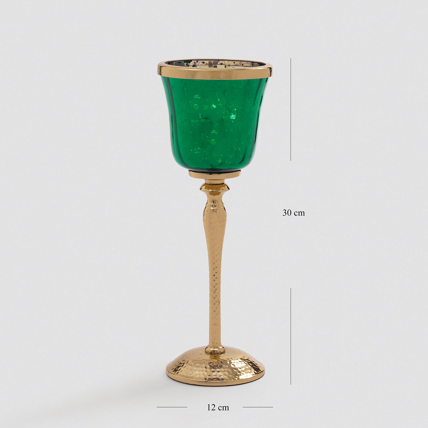 Dark Green Glass Hurricane With Hammered Base