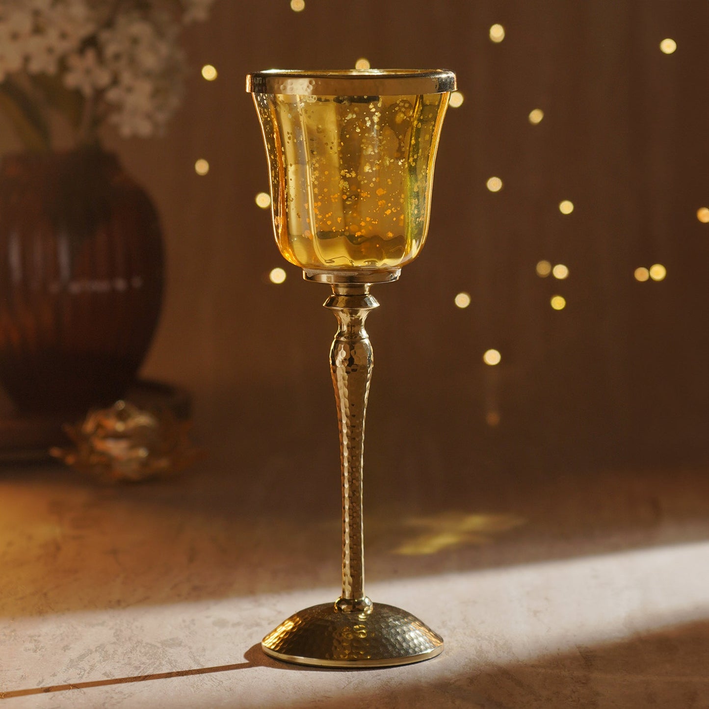 Gold Glass Hurricane With Hammered Base